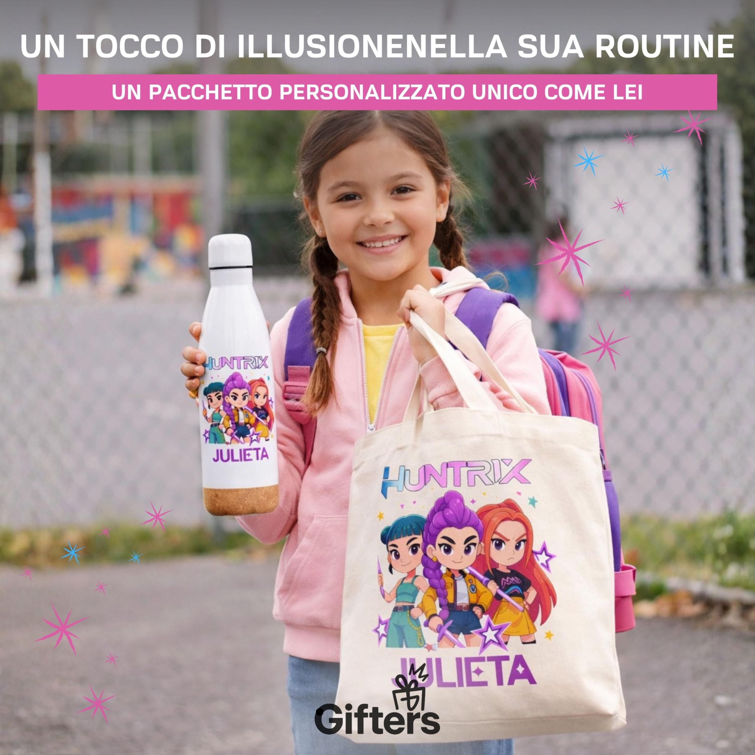 Gifters| Borsa Personalizzata con Nome e Bottiglia in Acciaio Inox 750ml| Design Personaggi Stile Kpop| Tote Bag Cerniera| Confezione Regalo Originale per Ragazza, Compleanno, Natale, Prima Comunione