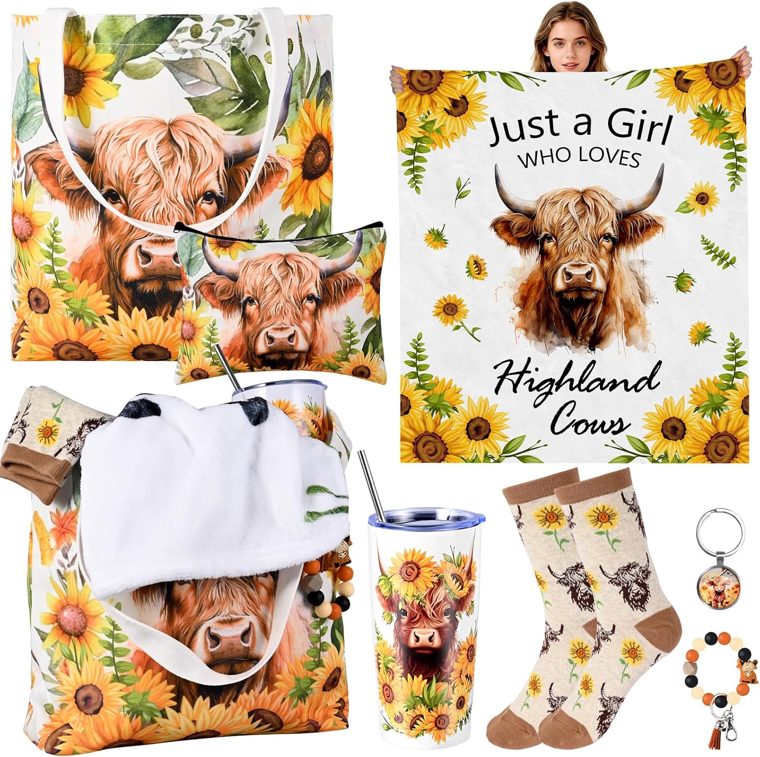 Highland Cow Gifts for Women Highland Cow Themed Stuff with 50x60 Inch Flannel Throw Blanket 20 oz Stainless Steel Tumbler Christmas Birthday Gift Ideas for Cows Lovers