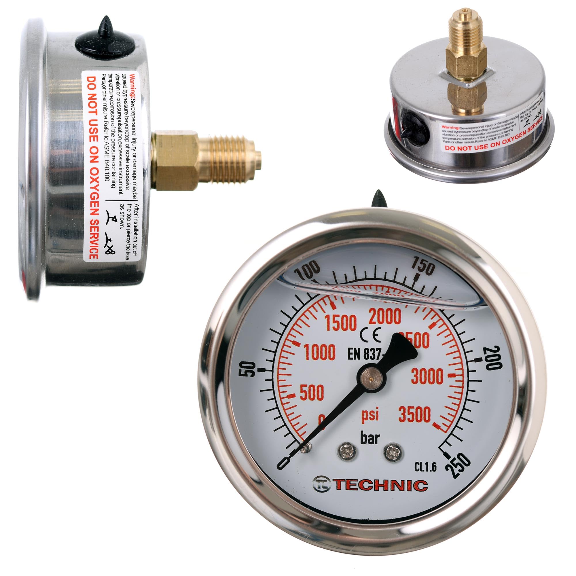 TC TECHNIC Manomètre à glycérine 0-250 Bar 3500 PSI 63mm 1/4" à Pneumatique Hydrauliqu