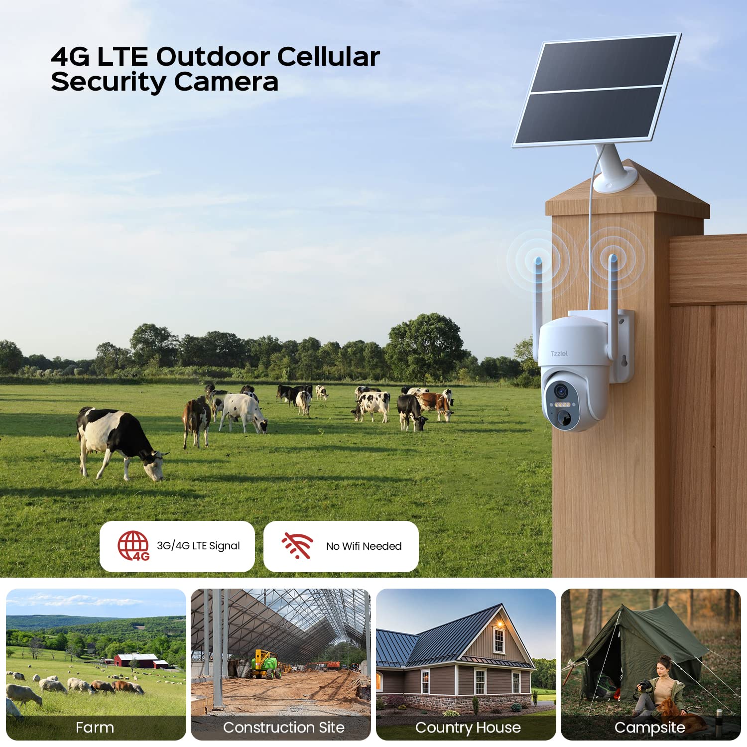 3G/4G LTE Camara Vigilancia Exterior Bateria Solar, 2K Camara Vigilancia con Visión Nocturna Color, Detección de Movimiento, Sirena, Audio Bidireccional, IP66, con Tarjeta SIM