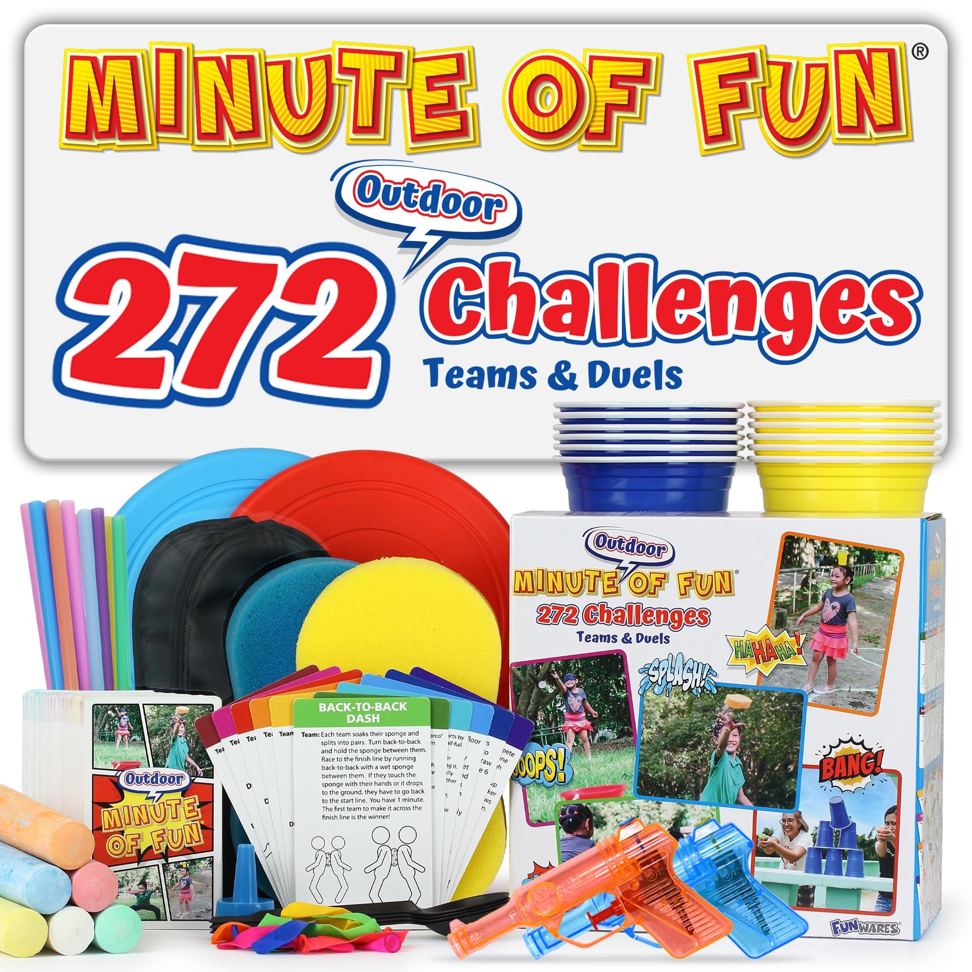 Funwares Original 272 Outdoor Minute of Fun Games - Minute to Win It Family Party & Travel for Kids & Adults, 2-12 Players! Ready to Play Right Out of The Box!