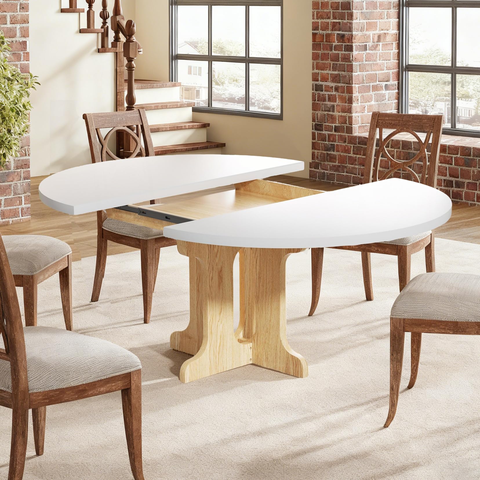 Tavolo da pranzo rotondo allungabile 90-120 cm, moderno per 2-8 persone, tavolo da cucina ovale con robusto telaio a colonna, salvaspazio, per cucina e sala da pranzo (bianco)