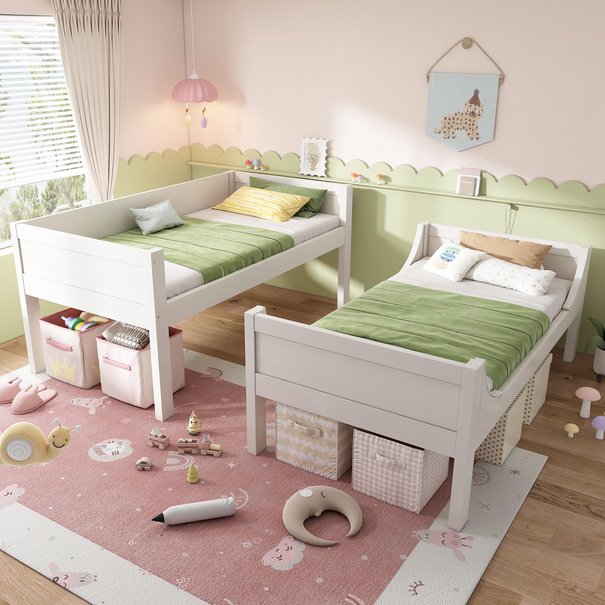 Merax Letto a castello 90 x 200 cm con scala flessibile, letto a soppalco per bambini con protezione anticaduta e rete a doghe, 1 letto diventa 2 letti singoli, legno, bianco