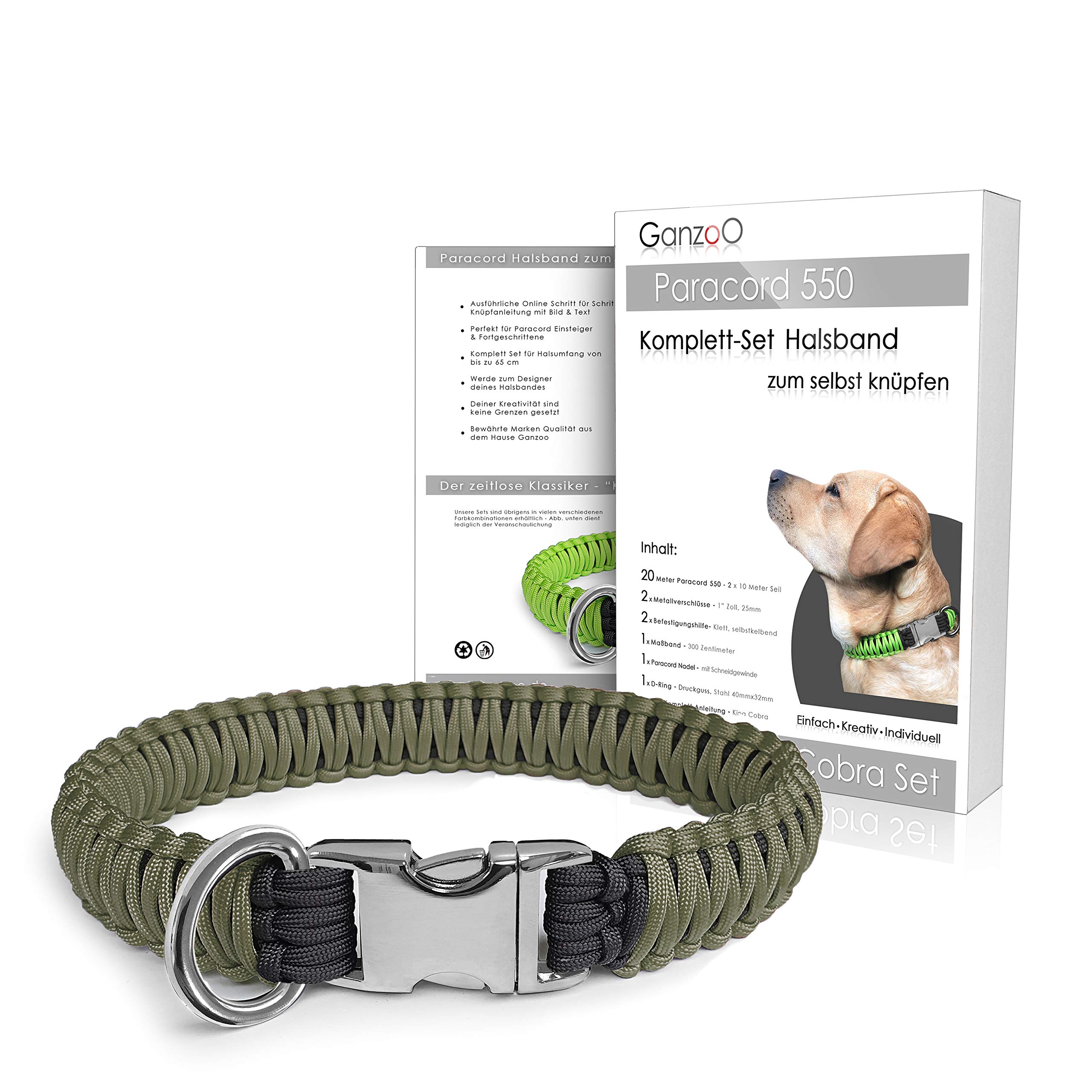 Ganzoo Paracord 550 Hunde-Halsband DIY Knüpf-Set, Bastelset mit 2 Farben für bis 65 cm, Maßband, QR-Online-Anleitung, Design-Verpackung, 2 Metall-Klickverschlüsse 1 Zoll, Stahl D-Ring 40 mm, Armygreen