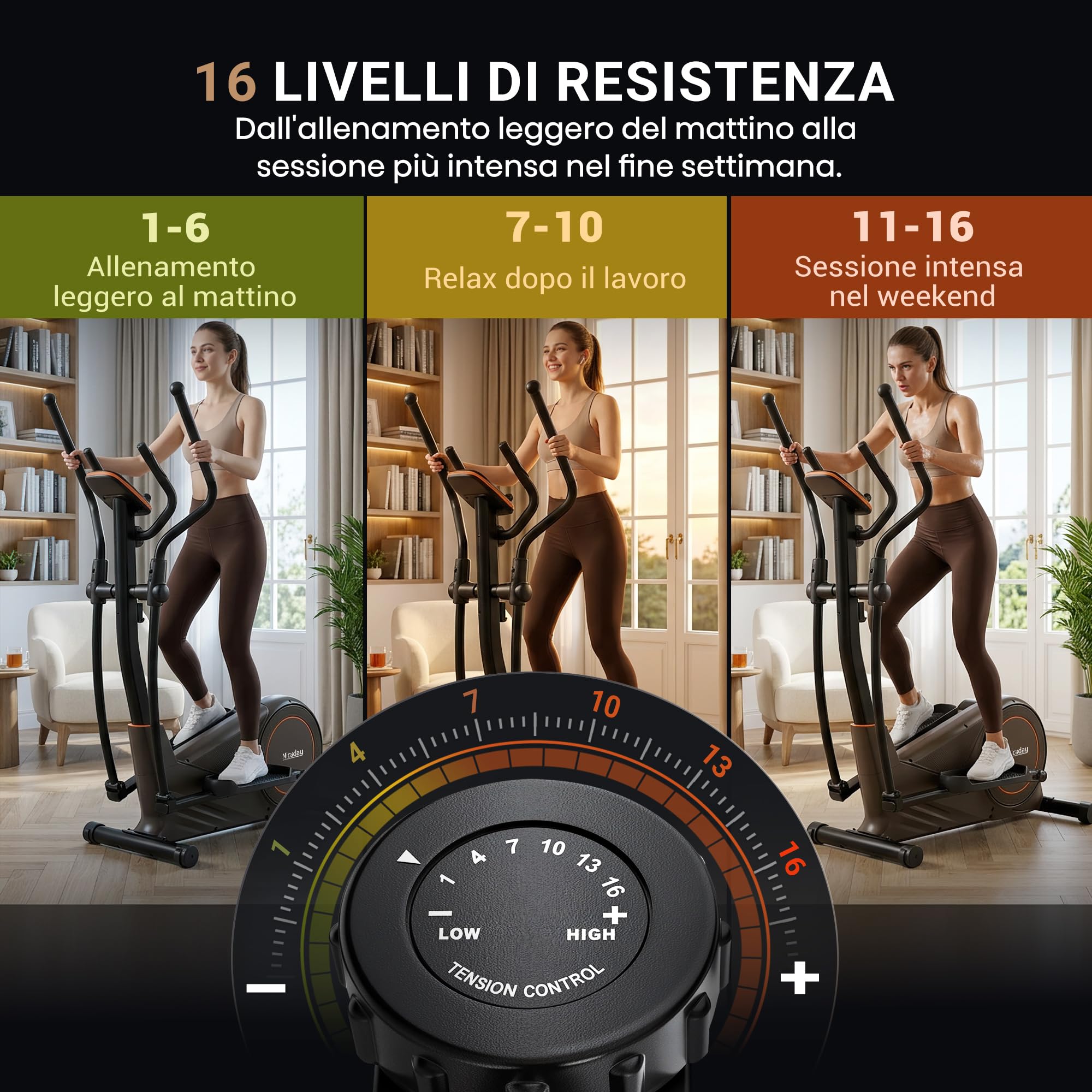 Niceday Ellittica Magnetica per Casa | 16 livelli magnetici e volano da 8 kg per un cardio fluido e a basso impatto, ideale per appartamenti e famiglie.