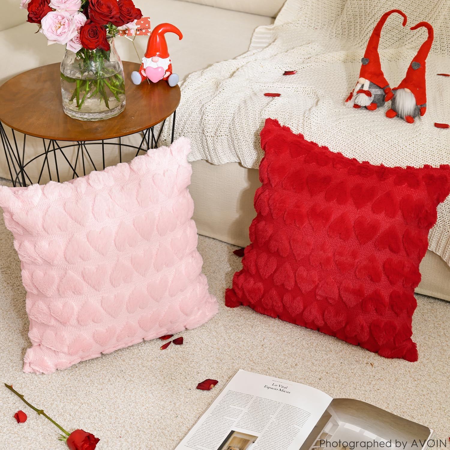 AVOIN colorlife Valentine's Day Love Heart Red Pink Throw Pillow Covers Set of 4, 18 x 18 Inch Anniversary Wedding Home Decor Soft Plush Faux Fur Jacquard Cushion Case for Sofa Couch