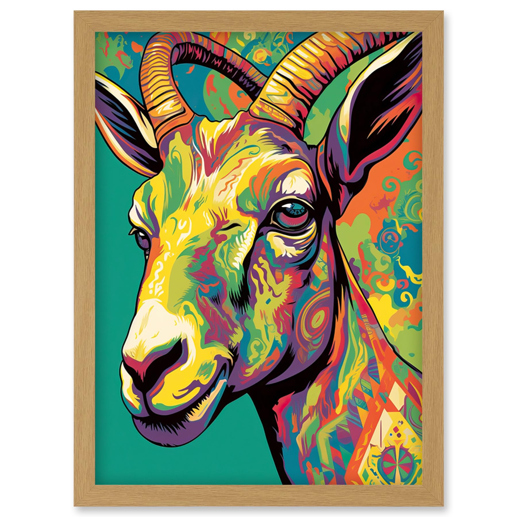 Artery8 The Trippy Goat Psychedelic Portrait Vibrant Colourful Patterns Modern Pop Art Artwork Framed Wall Art Print A4
