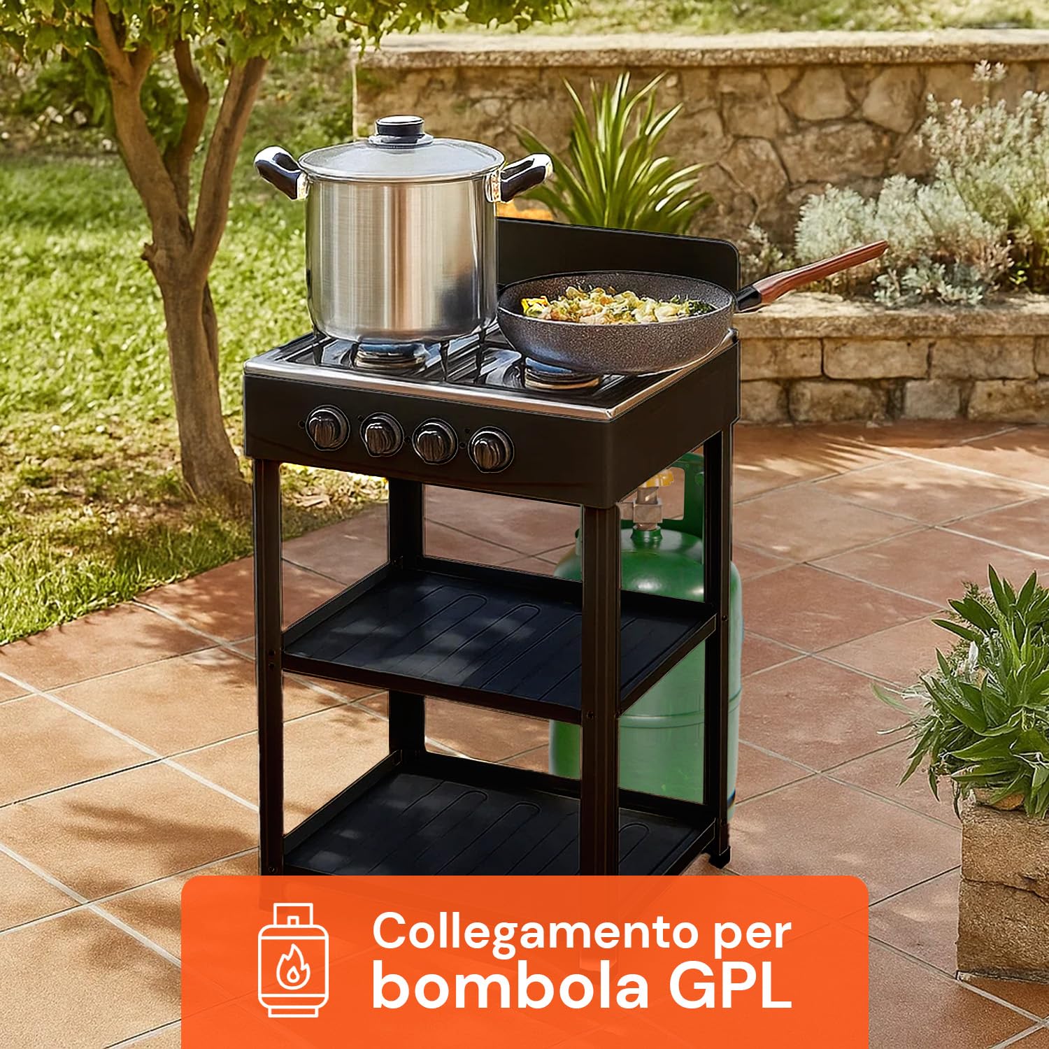 Placa de cocción de 4 fuegos de gas para exterior con estructura resistente de metal, estantes laterales de acero, conexión bombona GLP, ideal para camping y barbacoas, color negro