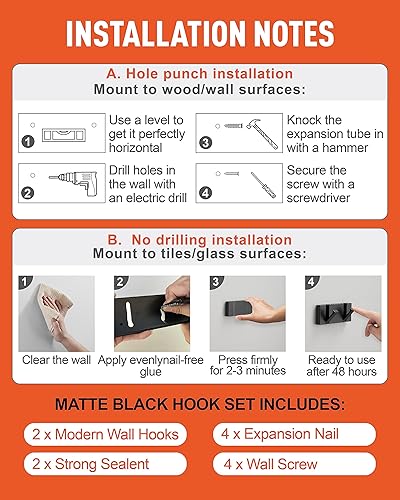 Miniatura 8 de Paquete de 2 ganchos de pared negros impermeables modernos, ganchos plegables para toallas para baños, ganchos para abrigos montados en la pared,