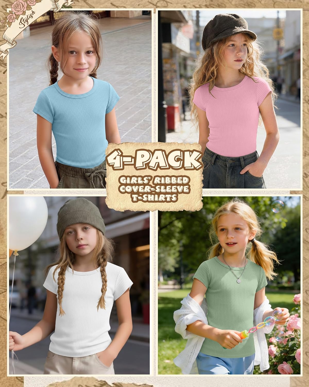 Oakgarden 4 Pack Girls Cap Sleeve Shirts Ribbed Teen Girls Tops Casual Crew Neck T-Shirts Slim Fit Summer Basic Tee Tops