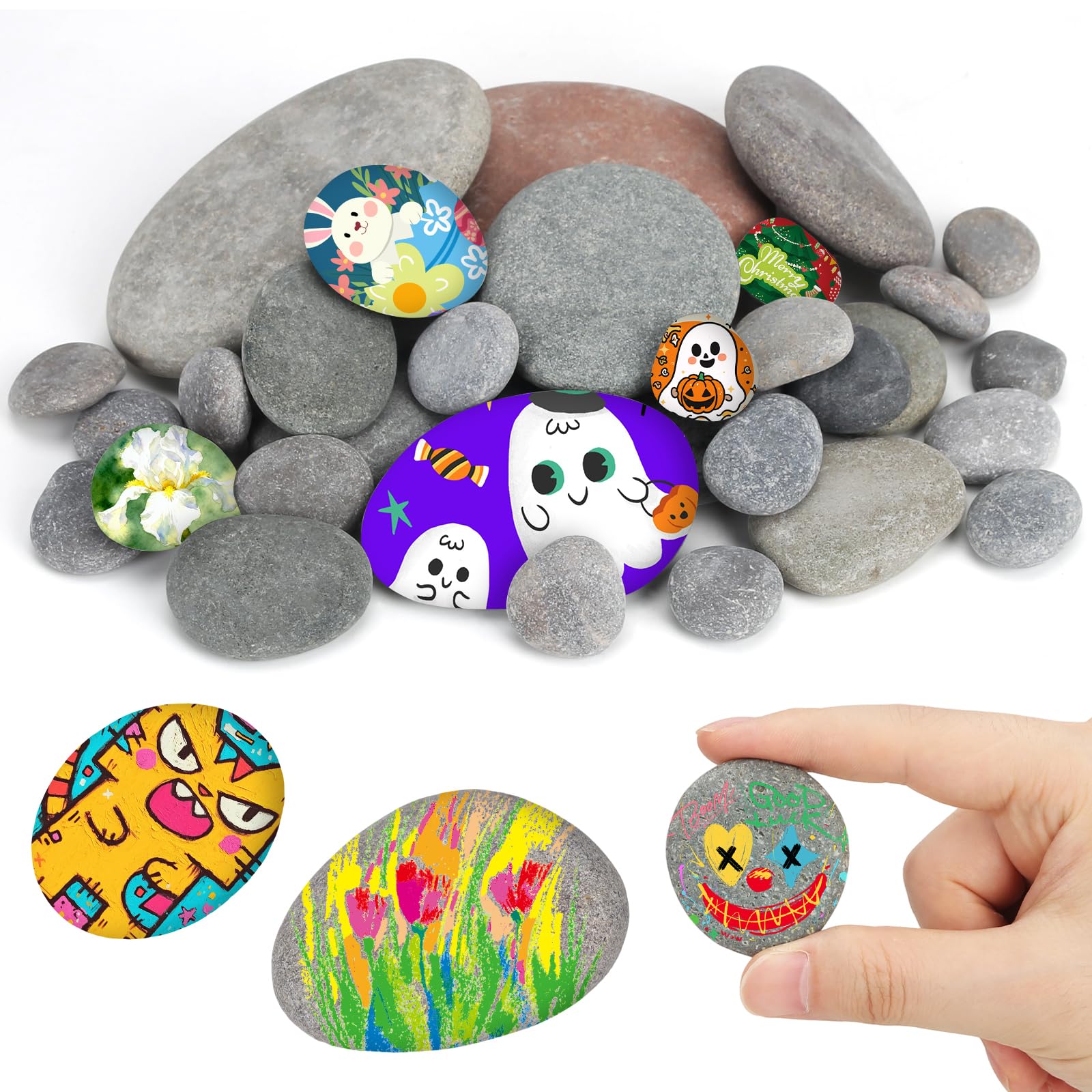 IETWATE 32pcs Pebbles for Painting, Smooth Flat Rocks for Painting