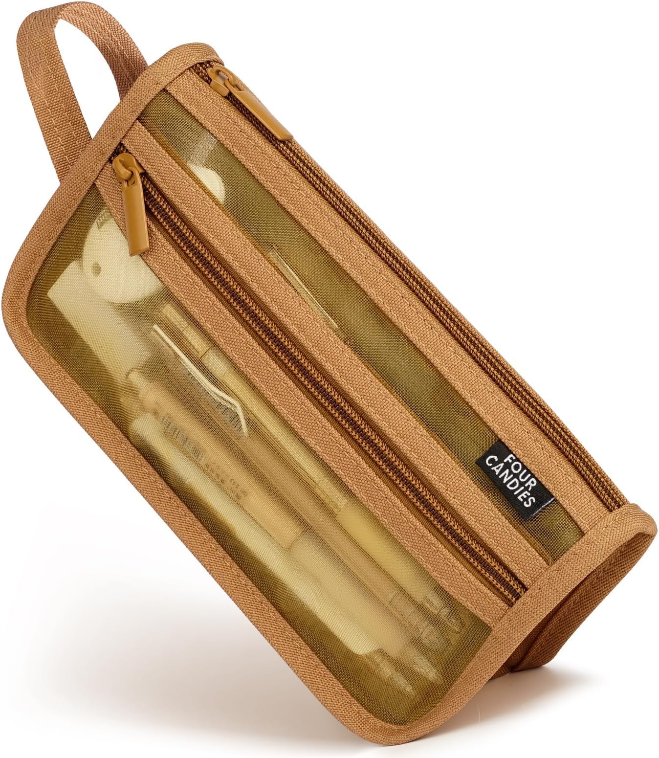 Four Candies Grid Mesh Pencil Case with Handle and Zipper, Clear Double-layer Pencil Pouch Marker Pouch, Travel Makeup Bag, Cute Transparent Stationary Organizer Pen Bag for Adult Office College