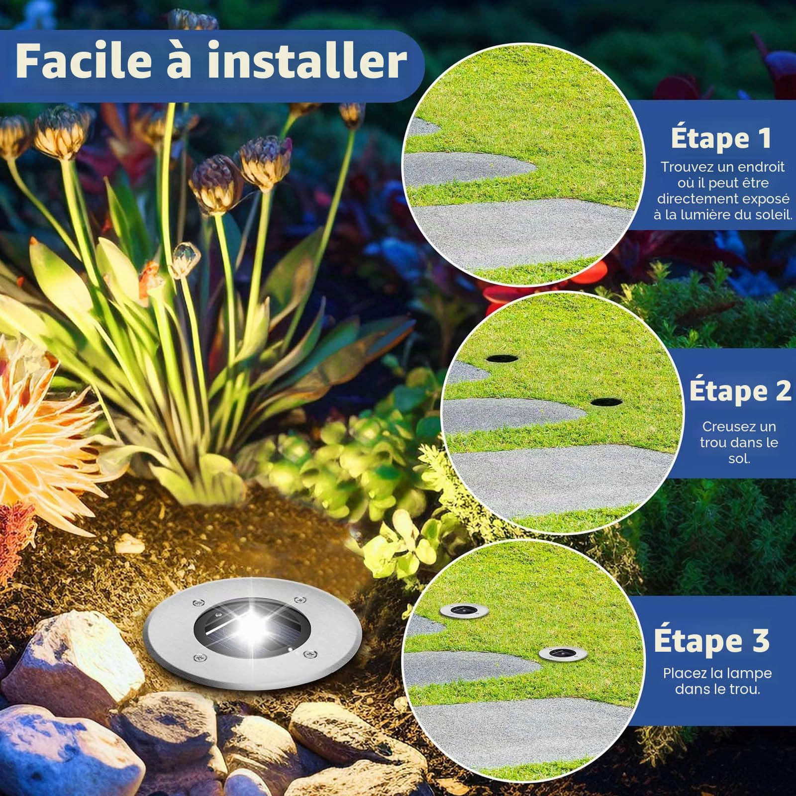 TOSHIN Lampe Solaire Au Sol Lot de 10, IP65 Lumiere Solaire Exterieur Jardin, Étanche Spot Solaire Extérieur pour Chemins Allée Pelouse Terrasse Cour Piscine, Blanc Froid, Rond