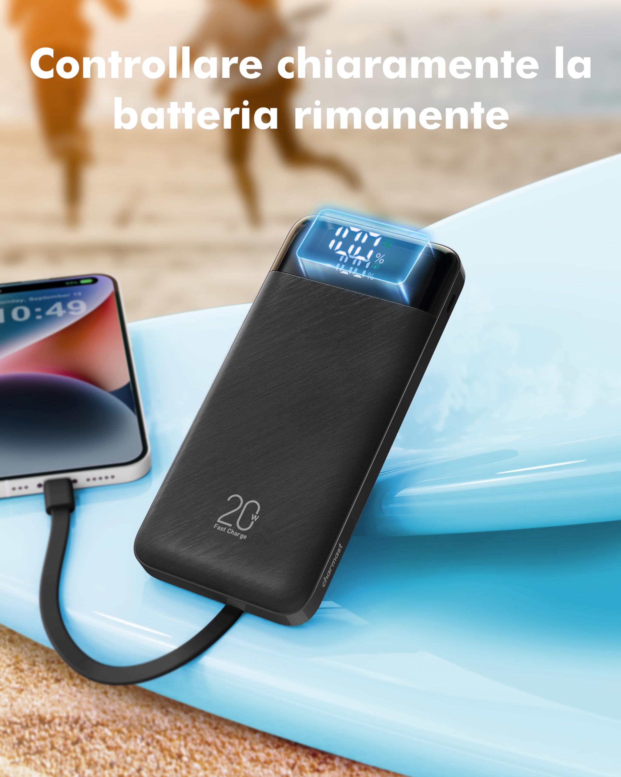 Charmast Power Bank con Cavi Integrati, 22.5W 20000mAh Powerbank Ricarica Rapida, Caricatore Portatile con 5 Uscite e 4 ingressi Compatibile con iPhone 17 16 15 14 13 12 11 Series, Samsung, Xiaomi