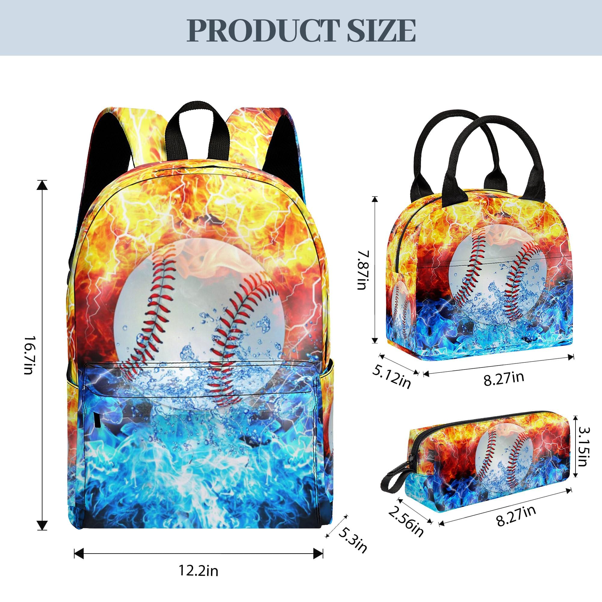 Baseball Backpacks Set for Boys Girls, 3pcs Backpack with Lunch Bag Pencil Case for Kids, Large Capacity 17 Inch Bookbag School Bag for Teen Elementary Middle High School