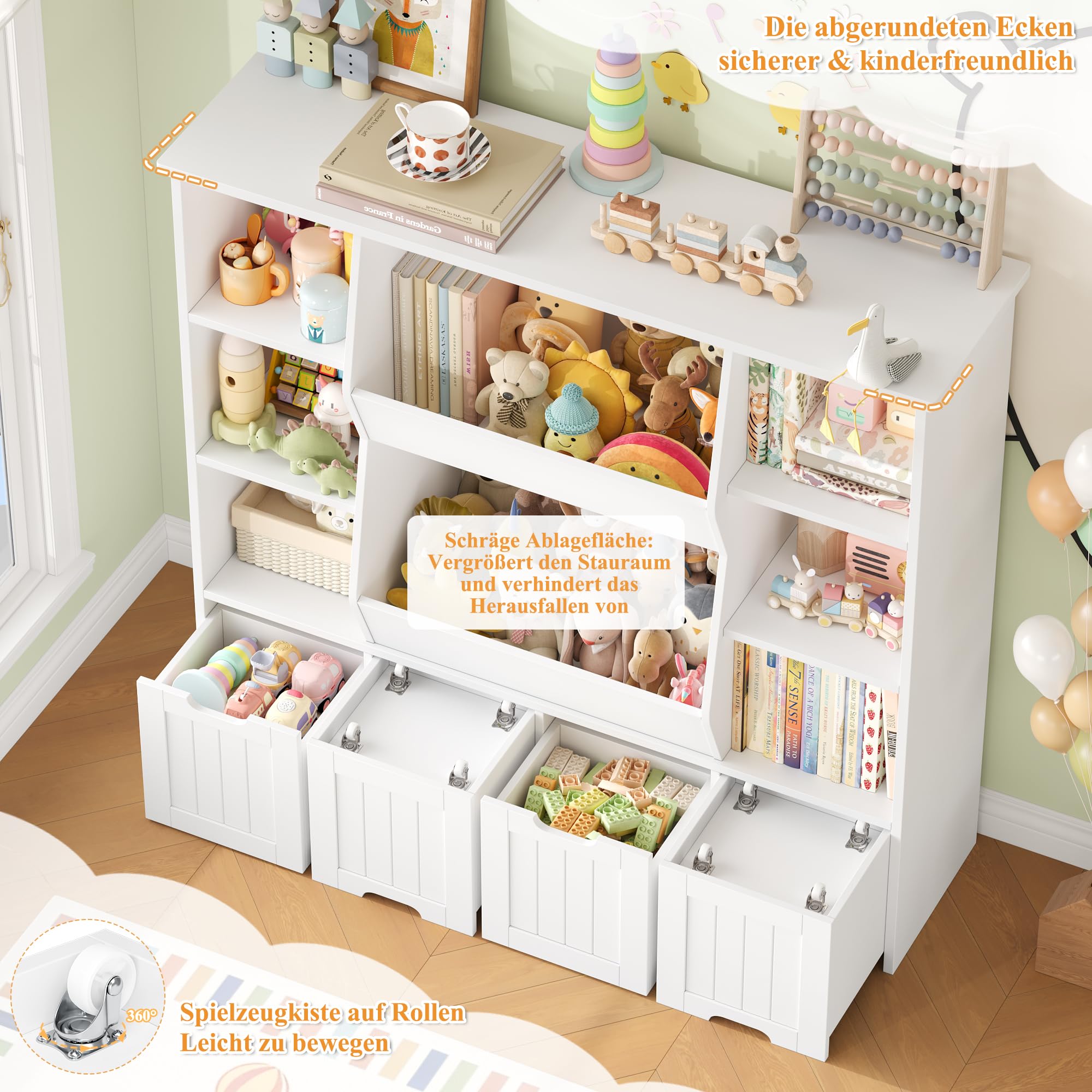 FOREHILL Kinderregal, Kinderzimmer Möbel für Kuscheltier Aufbewahrung | Regal für Pupen, Kinderschrank mit 4 Boxen auf Rollen, Bücherregal Kinder, Kinderzimmer, Kindergarten, 124,5x35x118cm Weiß