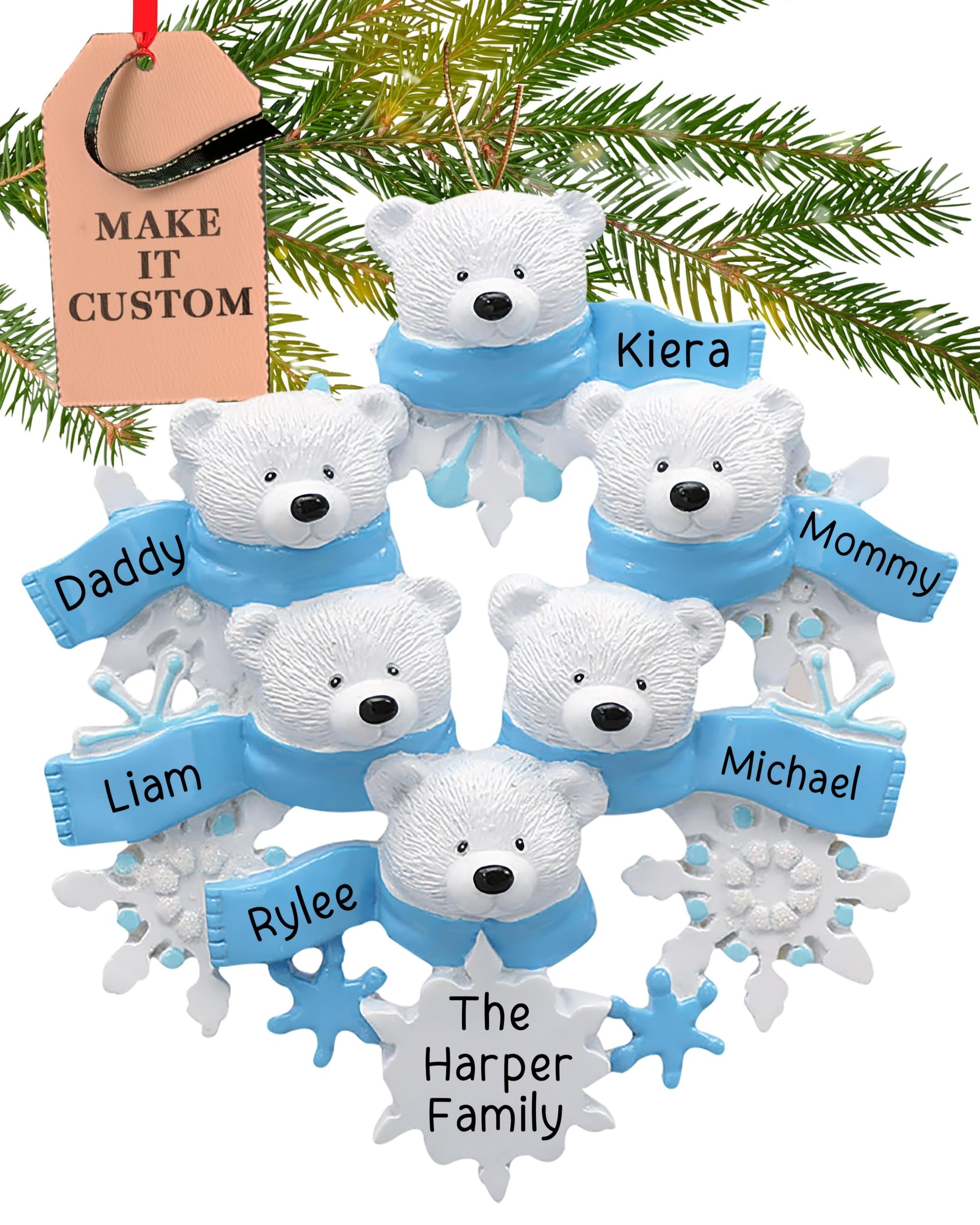 Holiday Traditions Multicolor Personalised Family Of 6 Ornament 2025 – Fast & Free 24H Customisation – Polar Bear Christmas Ornaments For Tree – Custom Gift Wrapped Winter Snowflakes Keepsake For Six Persons