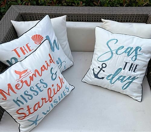 Miniatura 9 de Funda de almohada bordada con diseño de besos de sirena y deseos de estrella de mar, cuadrada de 18 pulgadas, funda de almohada decorativa de lona