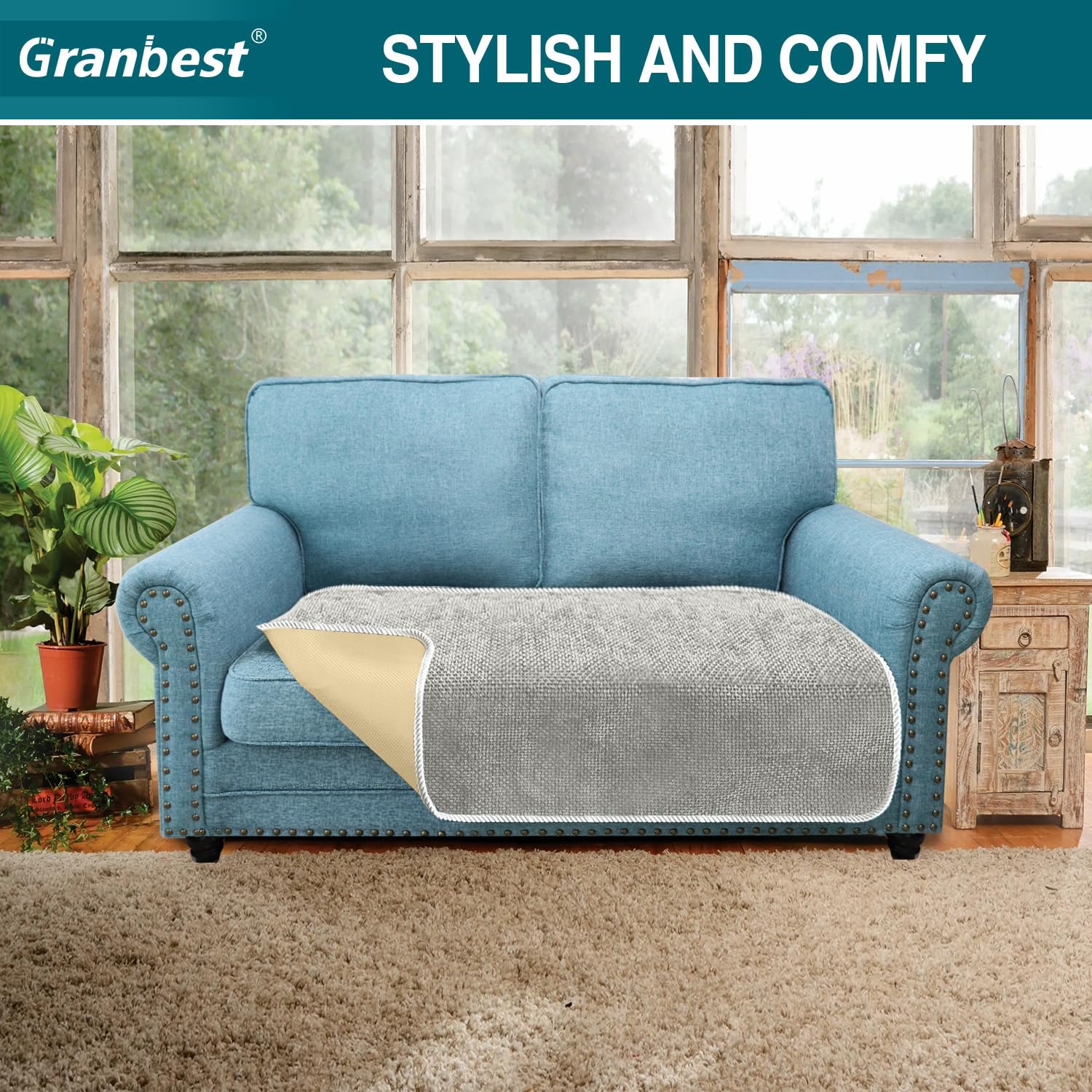 Granbest Non-Slip Sofa Seat Covers 2 Seater Thick Sofa Cover Sofa Protectors from Pets Universal for All Seasons (2 Seater, Light Grey) - Image 2