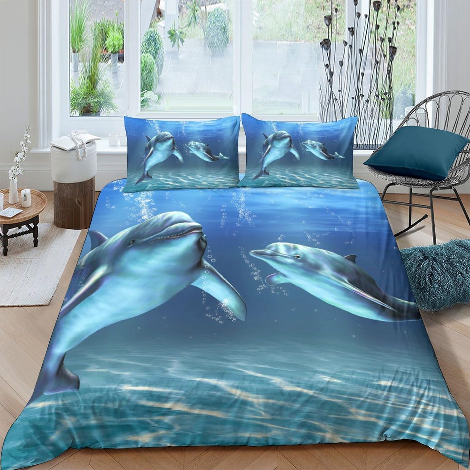 Ctjqhvkz Style-4 3D Printed Dolphin Ocean Fitted Sheet Microfiber Soft Blue Mattress Cover For Bedroom Guest Room Decor Single（135X200cm）