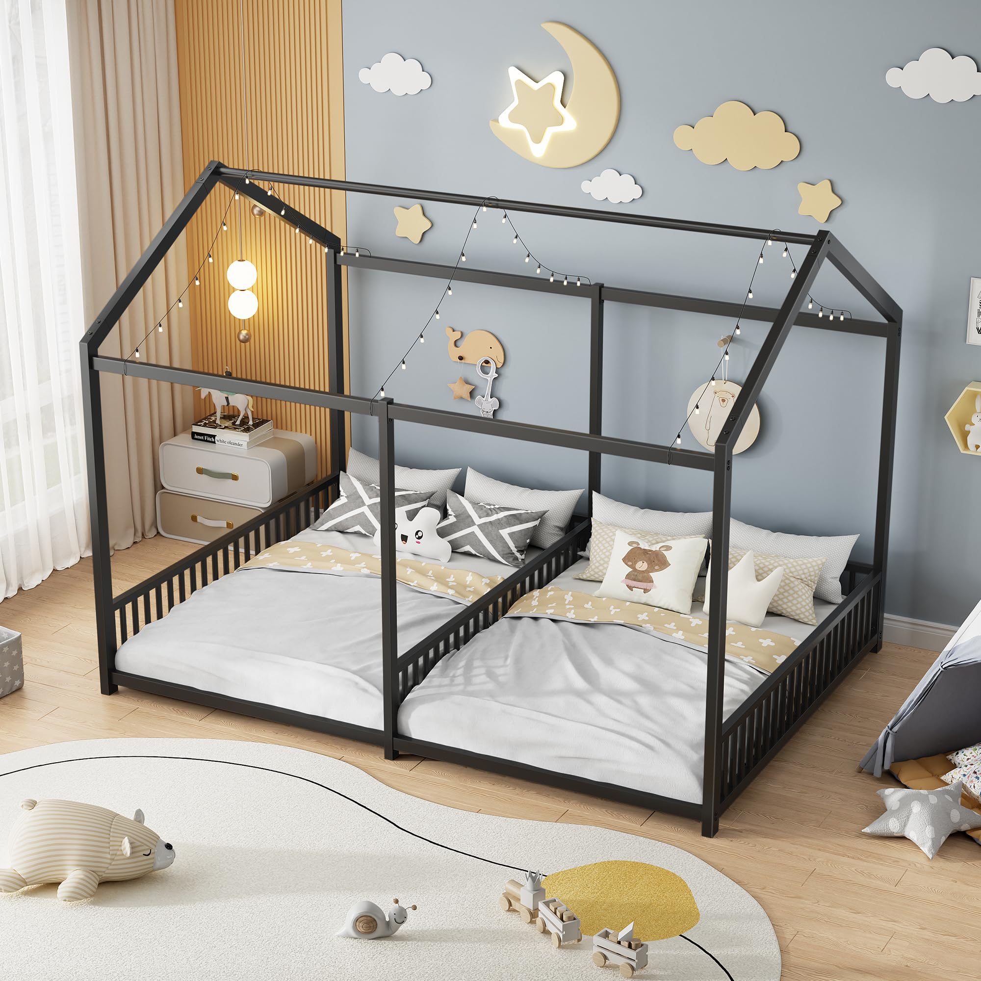 PVWIIK Full Double Montessori Floor Bed with Fence & Roof for Two Kids Teens Boys Girls,Full Floor Bed,Easy Assemble,No Box Spring Needed, Black