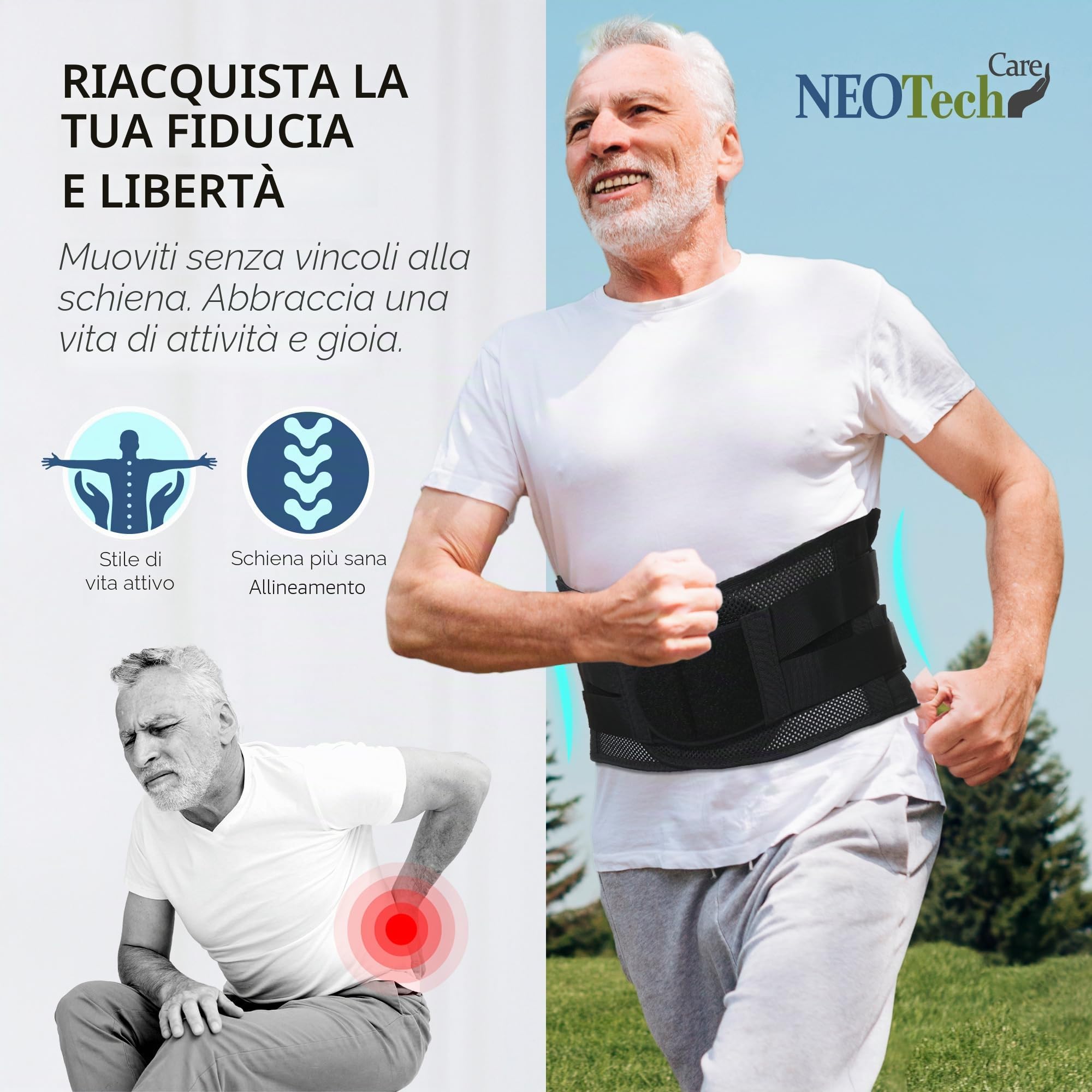 NEOtech Care - Fascia per schiena/parte bassa della schiena - Regolabile con doppio strappo - materiale traspirante e leggero - AMPIO supporto (Nero, L)
