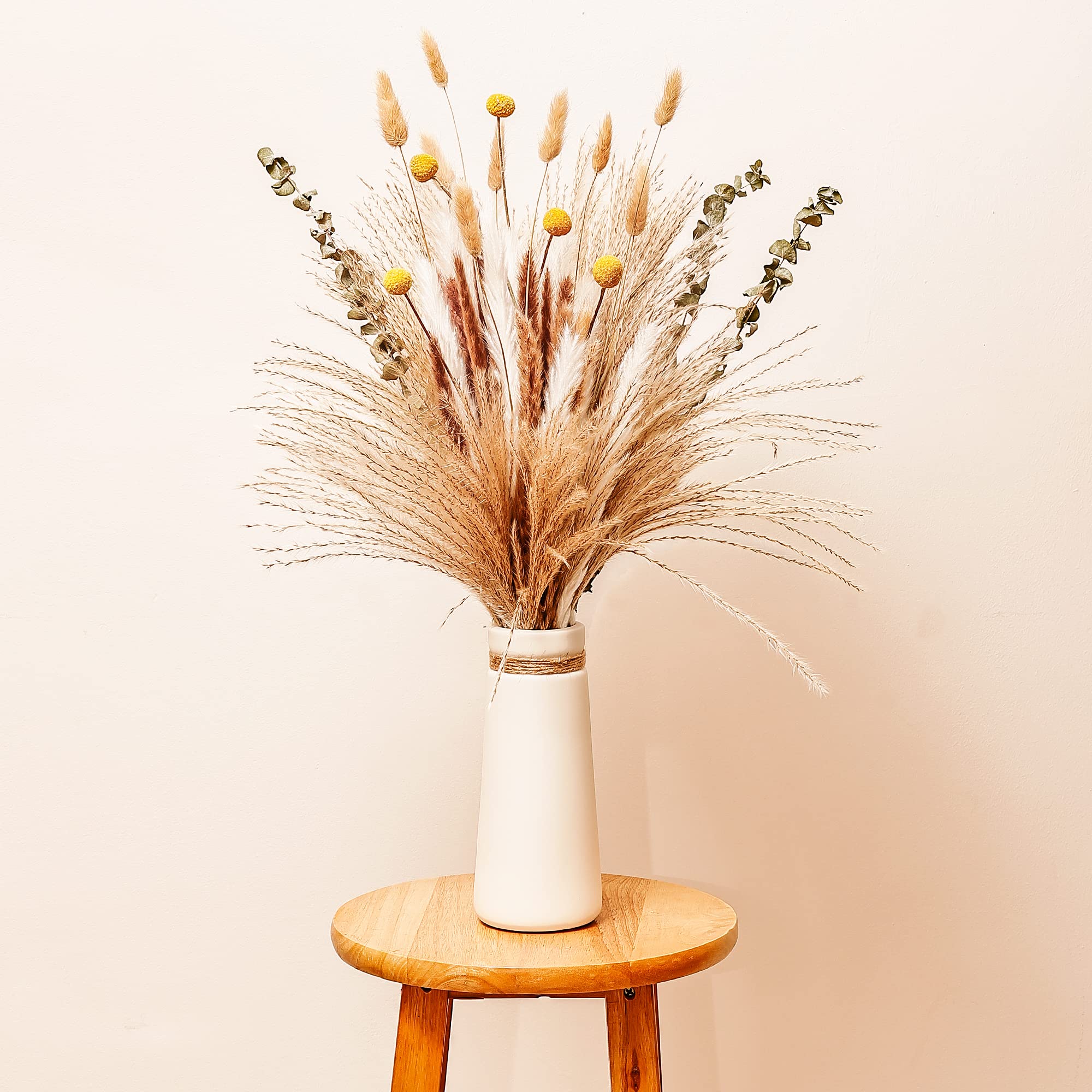 Oiijjur Natural Dried Pampas Grass Bouquet Home Decor 78pcs, White Pampas & Brown Pampas & Reed Grass & Bunny Tails Grass & Craspedia & Eucalyptus, Boho Wedding Decor Flowers Arrangement