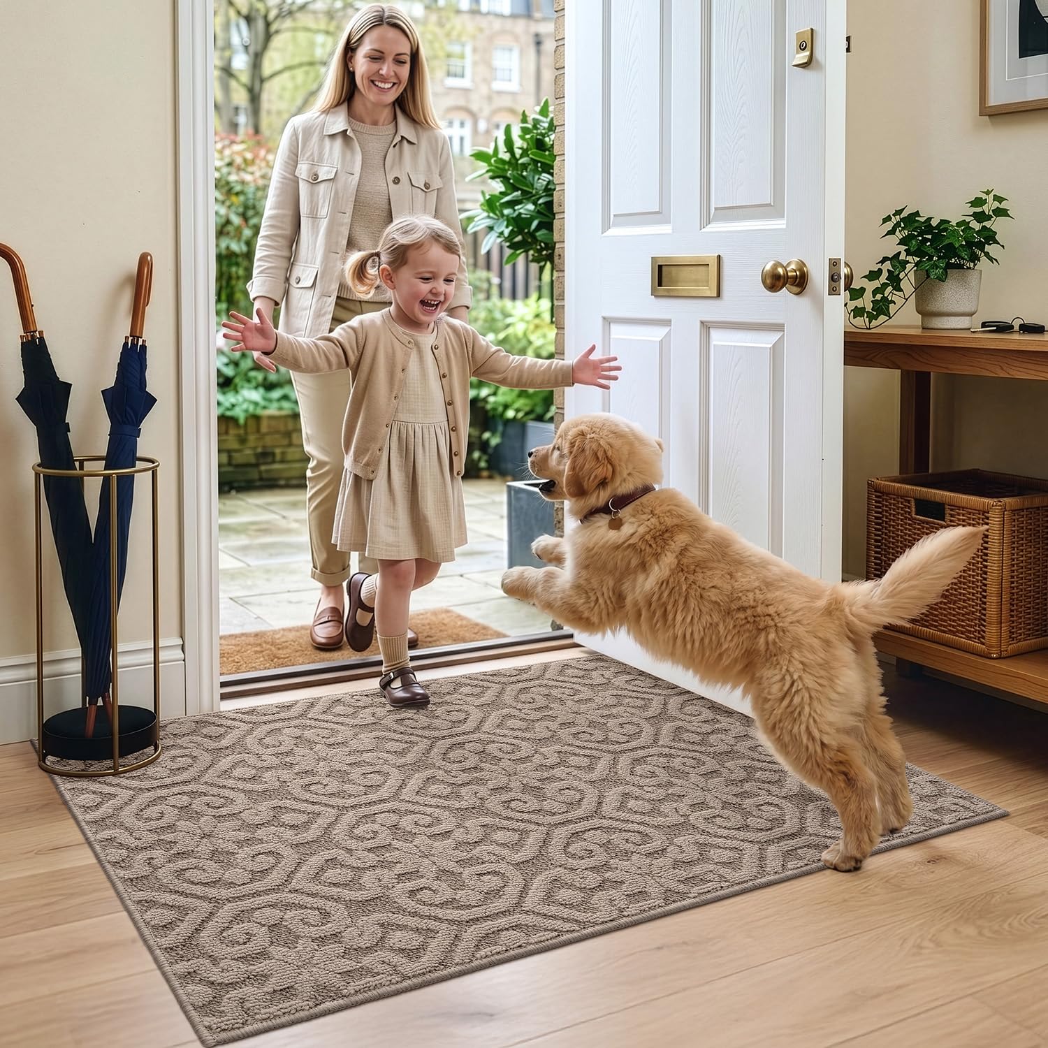 DEXI Felpudo Entrada Casa 60 x 90 cm, Alfombra Entrada Antideslizante, Absorbe Suciedad y Humedad, Felpudos Lavable Duradero para Puerta Interior, Perro, Beige