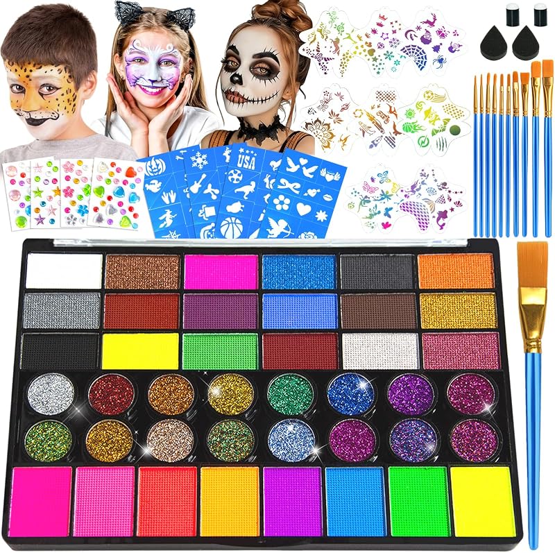 42 Colors Face Painting Kit, Water Activated Face & Body Paint Set | Complete Face Paint Kit with Brushes, Stencils and Gems, Easy Apply & Remove for Halloween, Cosplay, Parties and Festivals