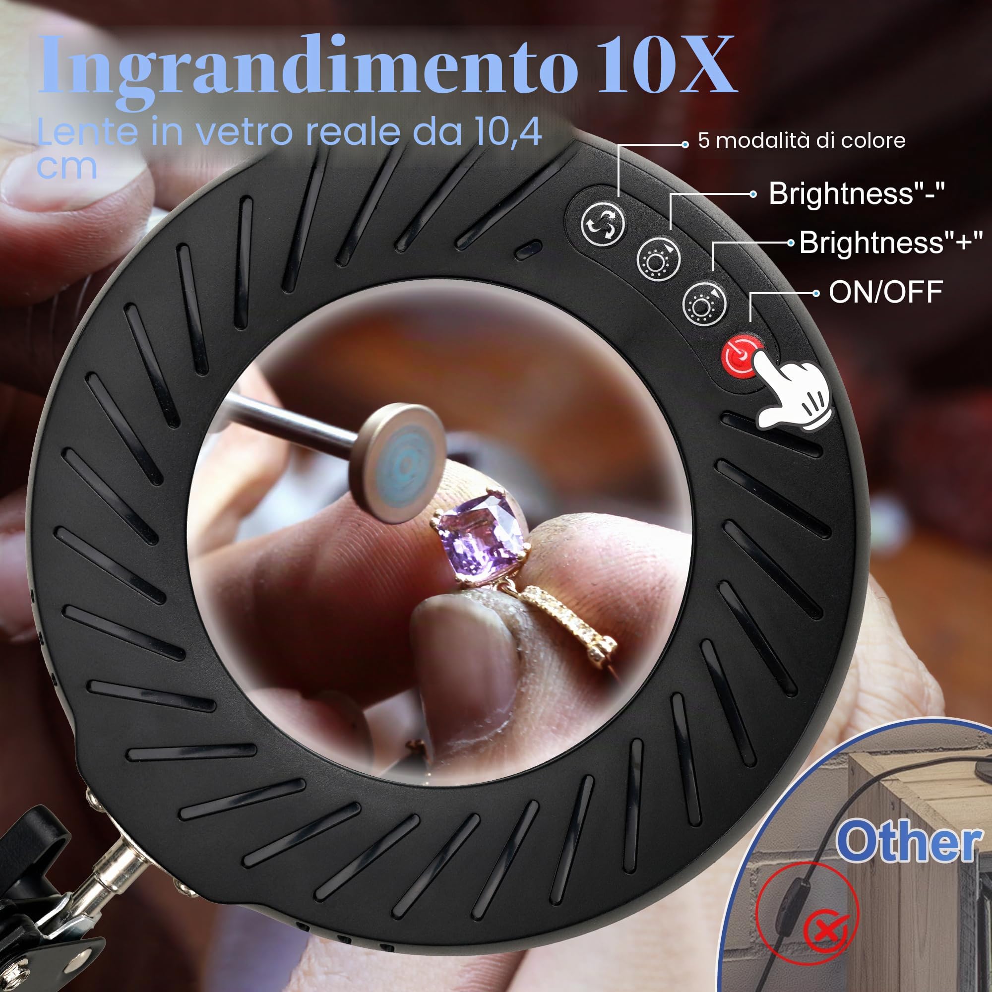 RealPlus 10X Lente Ingrandimento con Luce [Con Base e Clip], Lampada con Lente di Ingrandimento, Braccio Telescopico, 5 Colore, 10 Luminosità, Ideale per Lavori di Precisione, Riparazione, Lettura