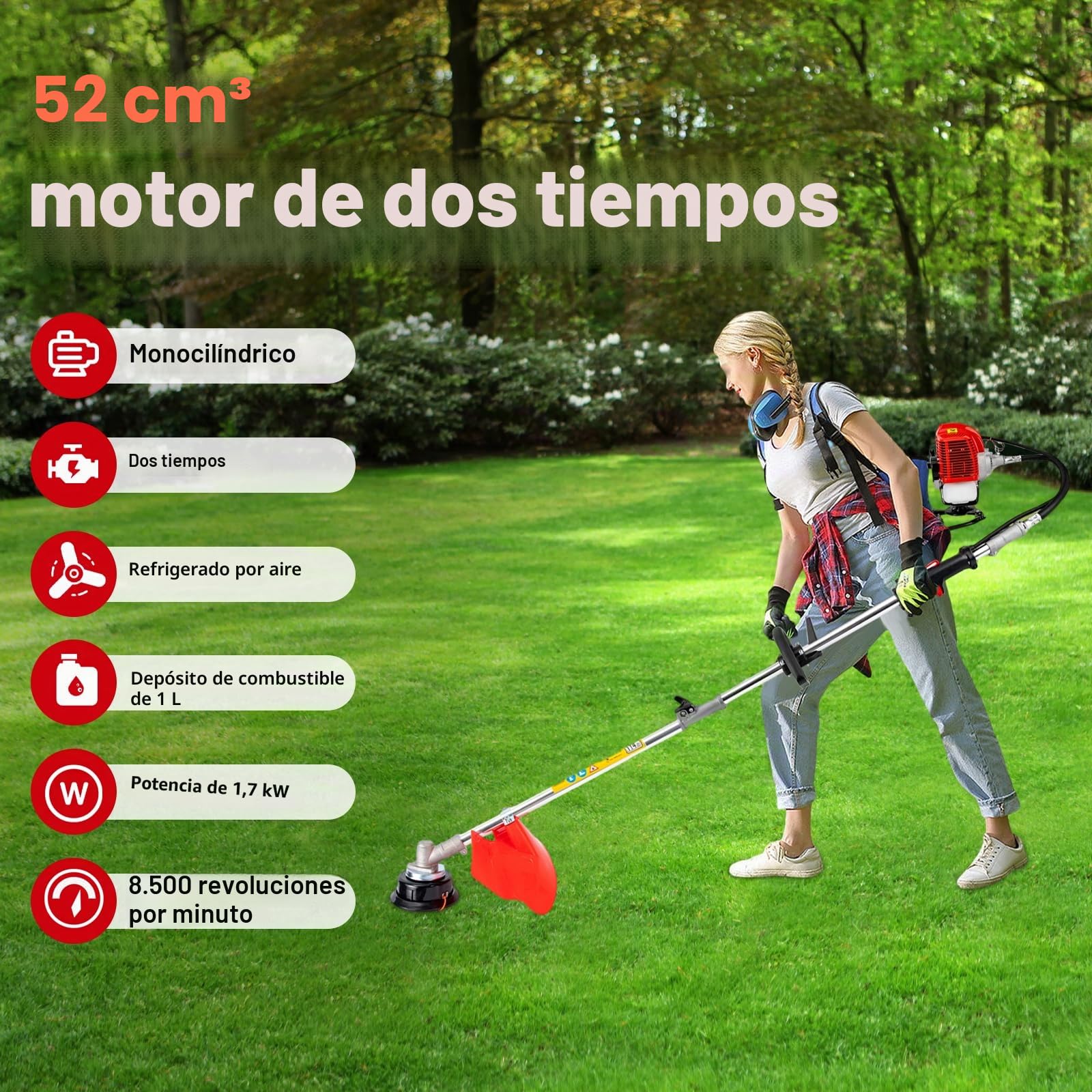 Desbrozadora de gasolina 4 en 1 – Potencia: 1,7 kW – 2 tiempos – Longitud de corte: 40 cm – 8500 rpm – Capacidad del depósito: 1 l – Para agricultura y lucha contra incendios forestales