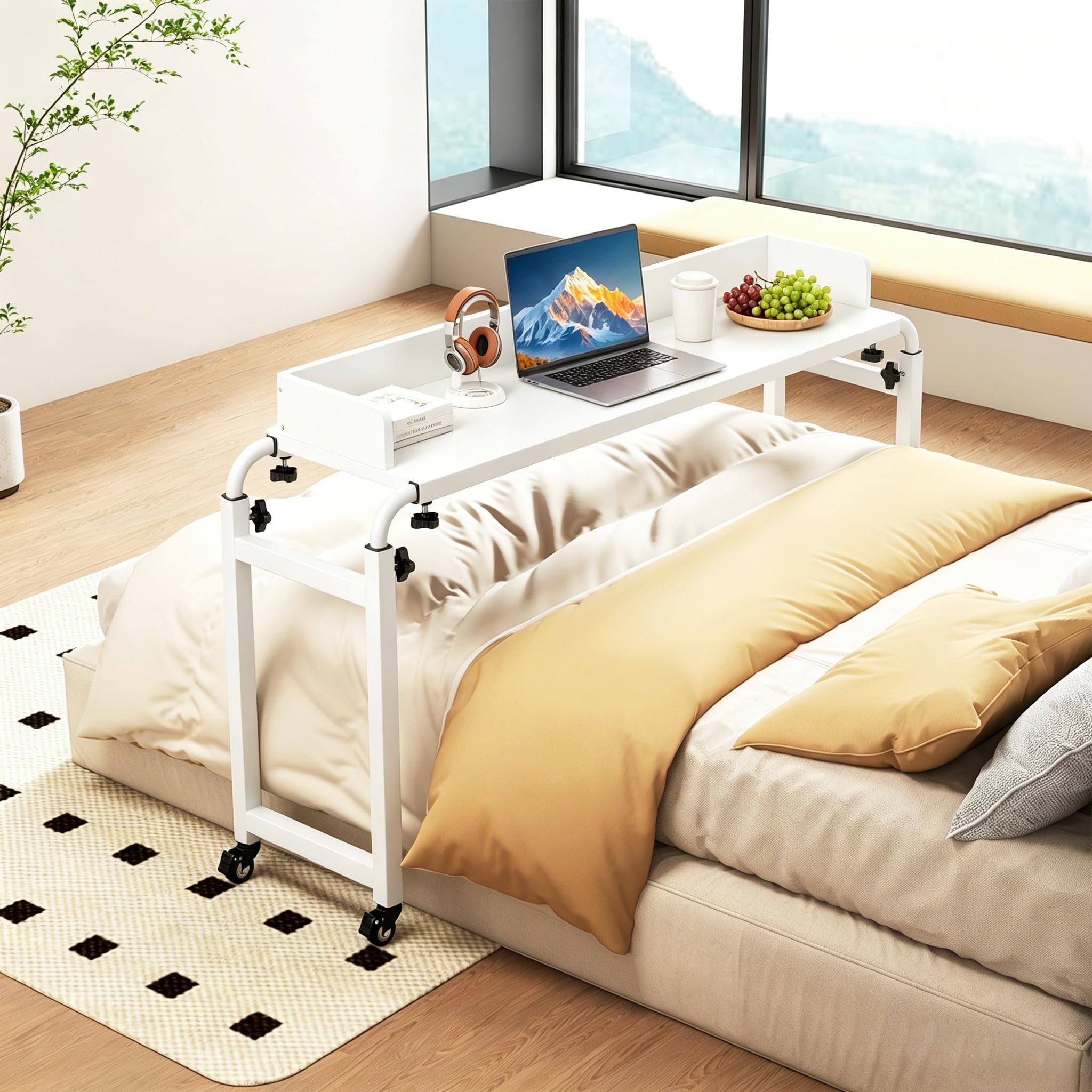 GIANTEX Mesa de cama con 4 ruedas, mesa de ordenador portátil con altura y longitud ajustables, 135,5-206 x 40 x 73,5-102,5 cm, mesa de aseo, mesa para ordenador portátil, para dormitorio, estudio