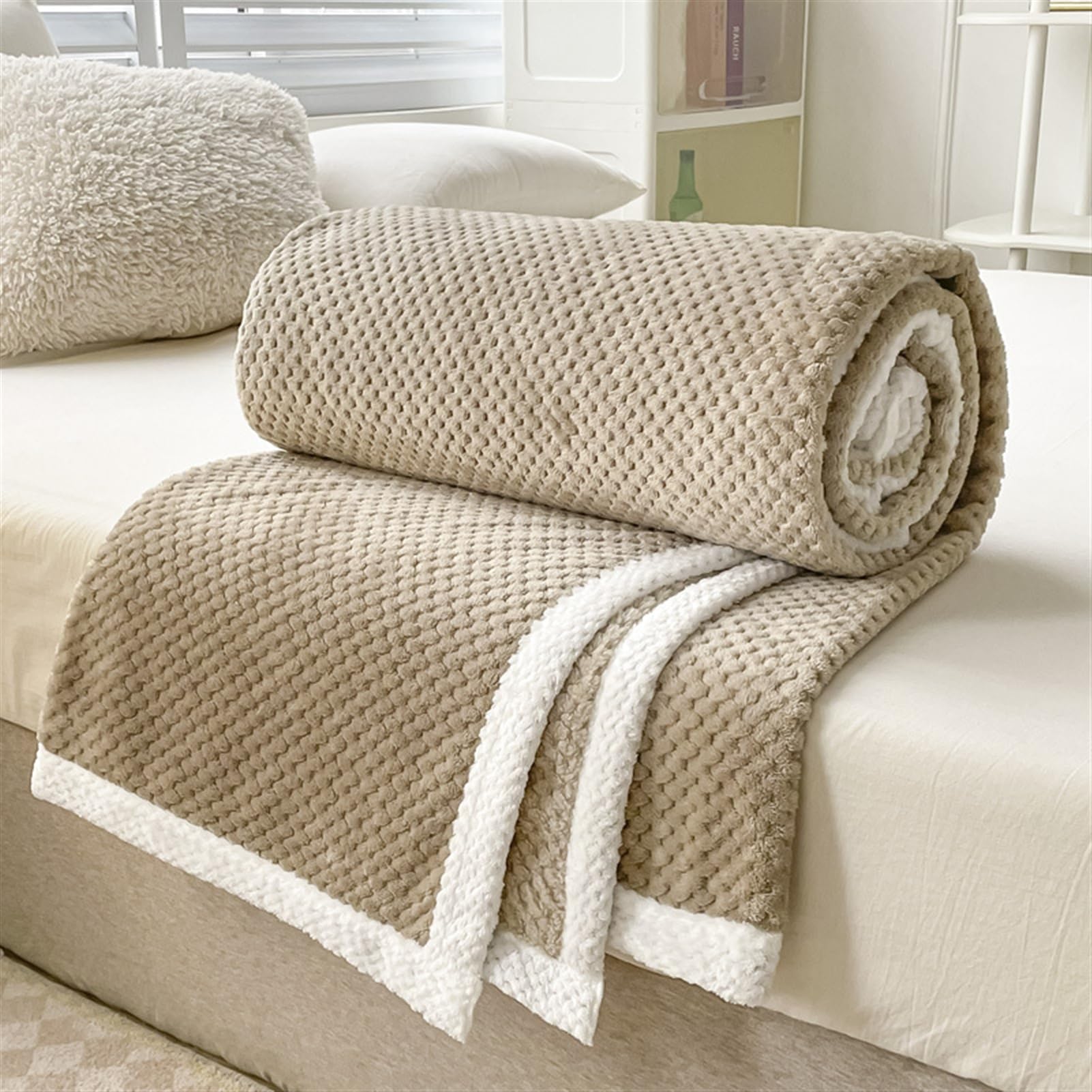 Mantas para Sofá Tacto Suave y Cálido Manta Sofa o Mantas para Cama Ligeras Mantas para Cama de Reversible 180 x 200 cm, Caqui