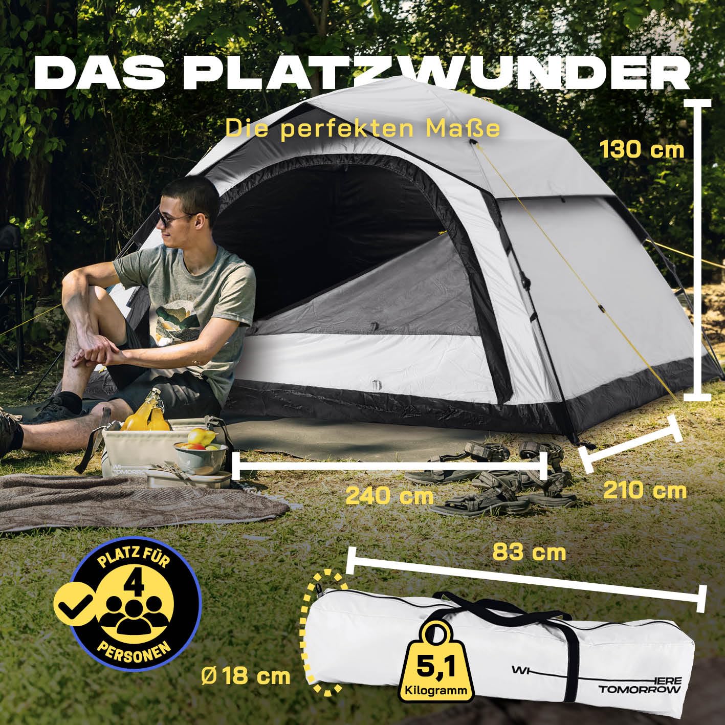Where Tomorrow Pop Up Zelt | 4 Personen Zelt oder 5-6 Personen Zelt mit Kühl- & Verdunklungseffekt | Wetterfestes Camping Zelt Regen, Schnee, Wind | mit hoher Bodenwanne, Moskitonetz, Dachlüftung