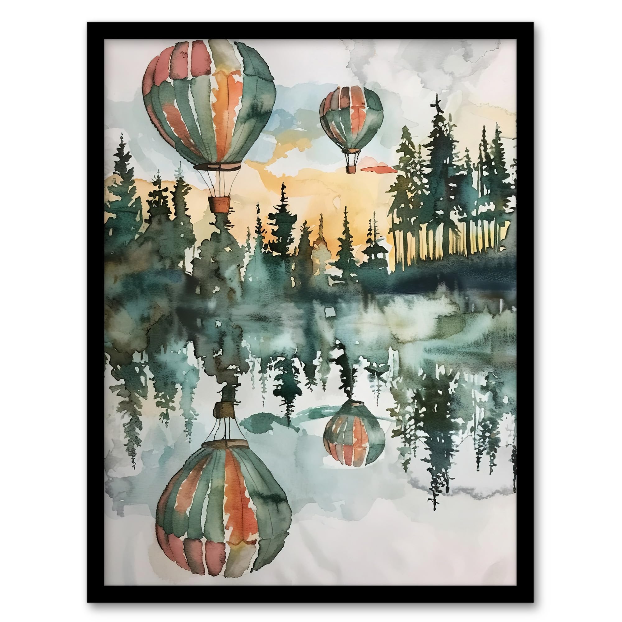 Artery8 Hot Air Balloons Forest Lake Watercolour Painting Living Room Artwork Framed Wall Art Print 18X24 Inch