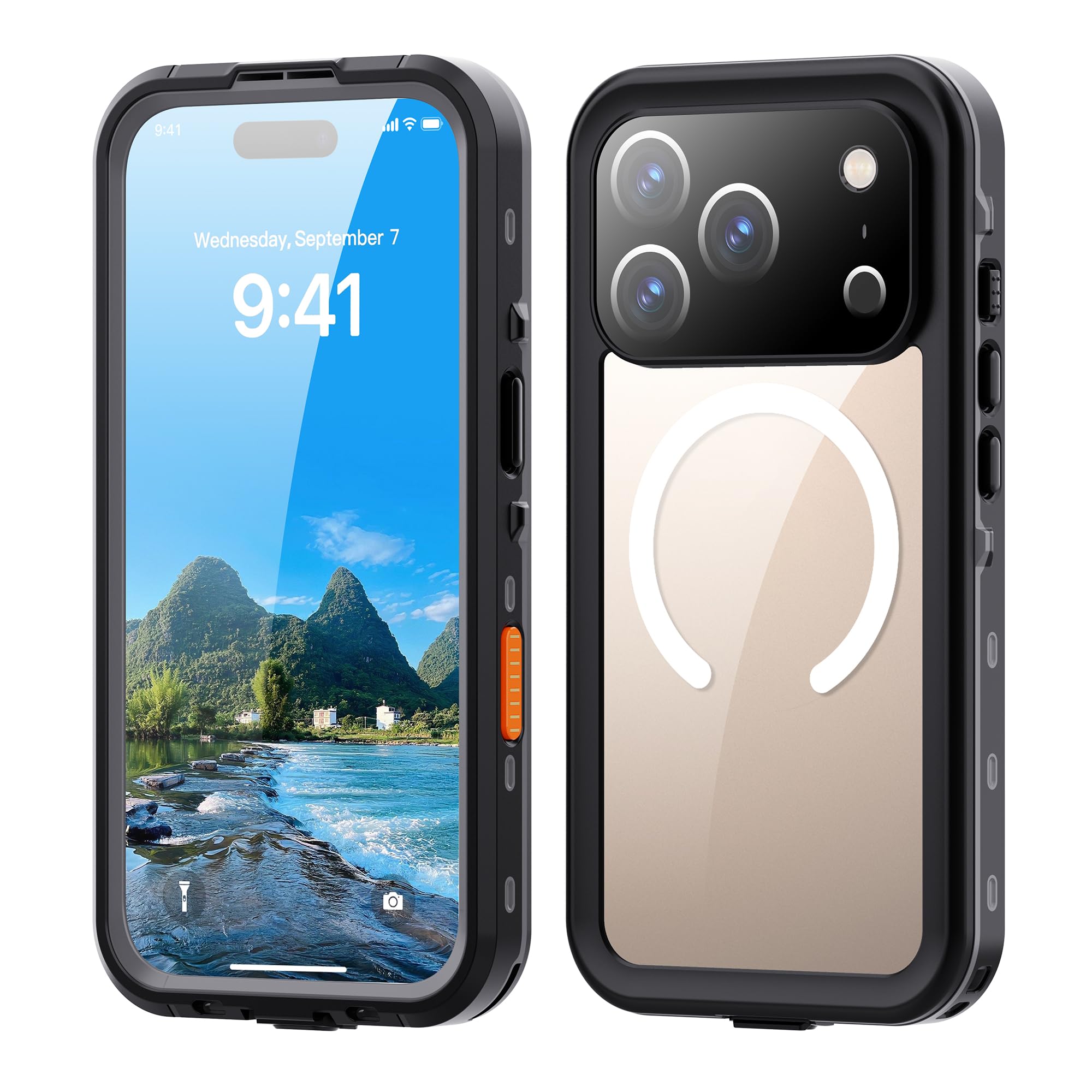 iPhone17 Pro 対応 ケース 完全防水 Magsafe対応 ストラップ付き 防水ケース カバー クリア 透明 アイフォン17pro 用 全面カバー 頑丈 耐衝撃 両面ケース 液晶画面保護 アウトドア,ブラック