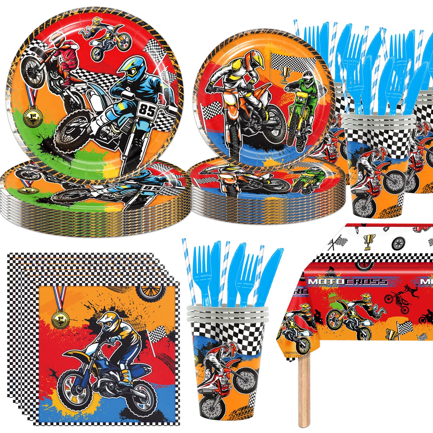 141pcs Dirt Bike Party Decorations,Dirt Bike Party Disposable Tableware set Includes Dinner Plate Dessert Plate Paper Napkin Cup Knife Fork Straws Tablecloth Motocross Dirt Bike Supplies set