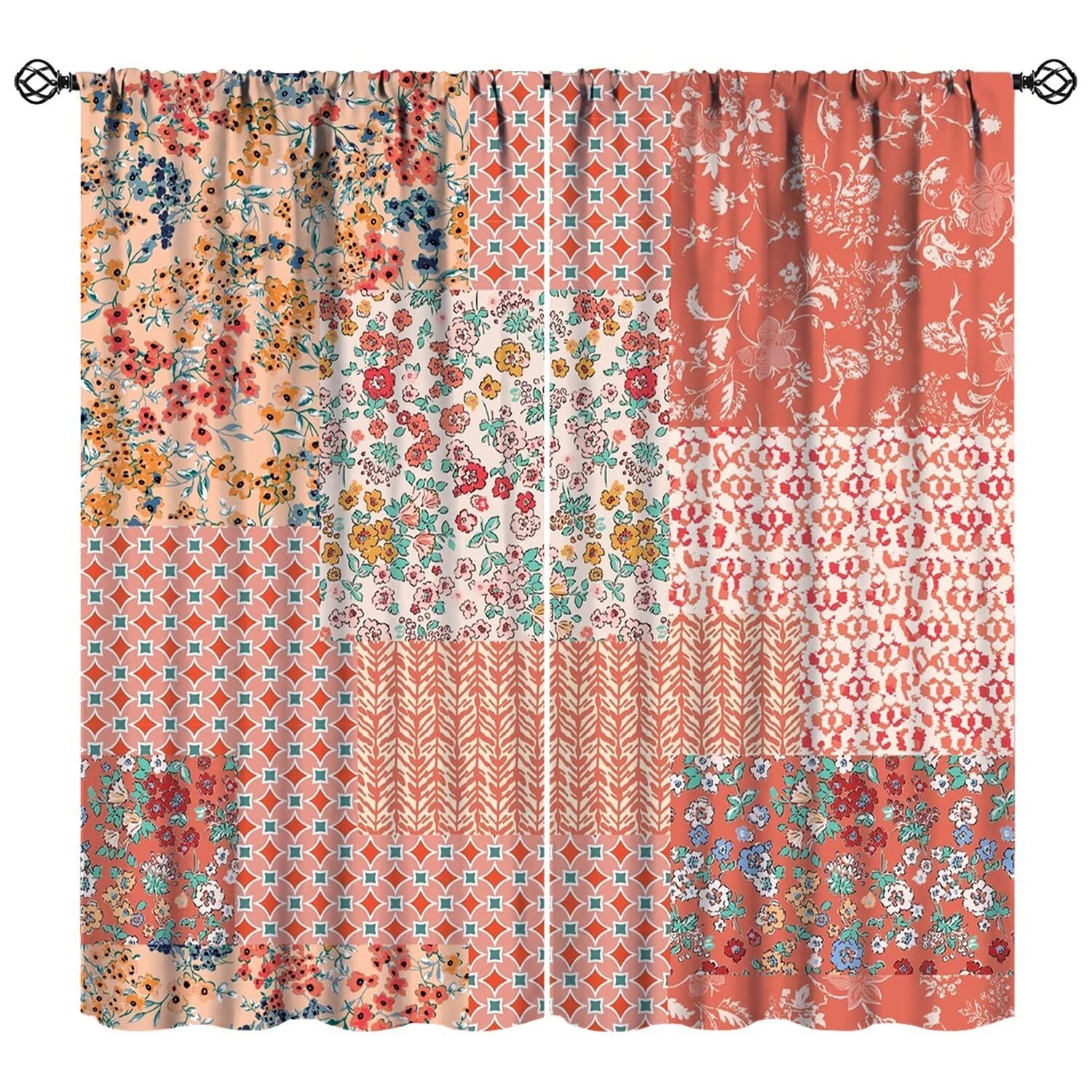 JADERYS Boho Patchwork Curtains Colorful Vintage Rustic Splicing Wildflower Farmhouse Country Girls Women Bedroom Living Room Rod Pocket Decoration