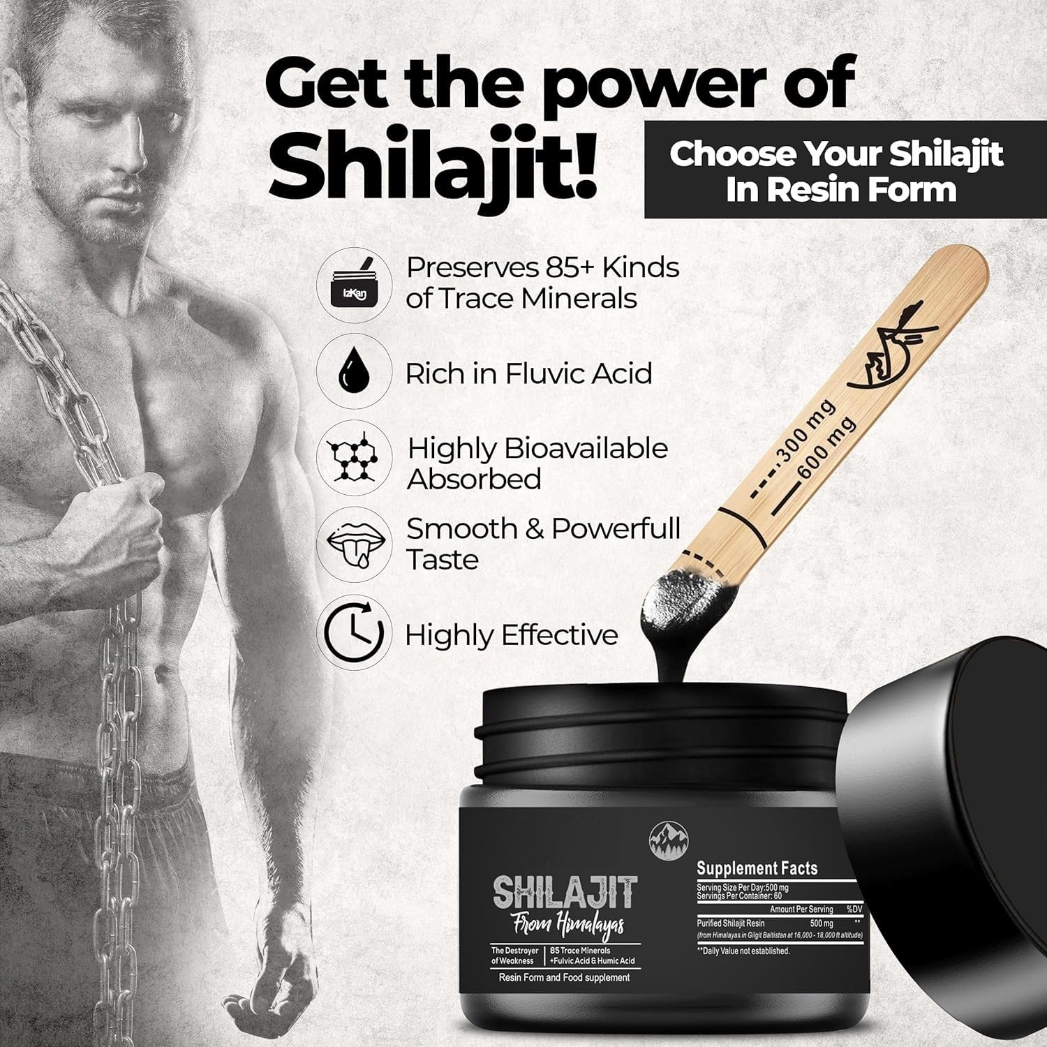 Pure Shilajit Himalayan Shilajit - 600 mg 100% naturale biologico Shilajit con 85+ tracce di minerali e acido fulvico per energia, forza e immunità, 30 grammi (1 x)