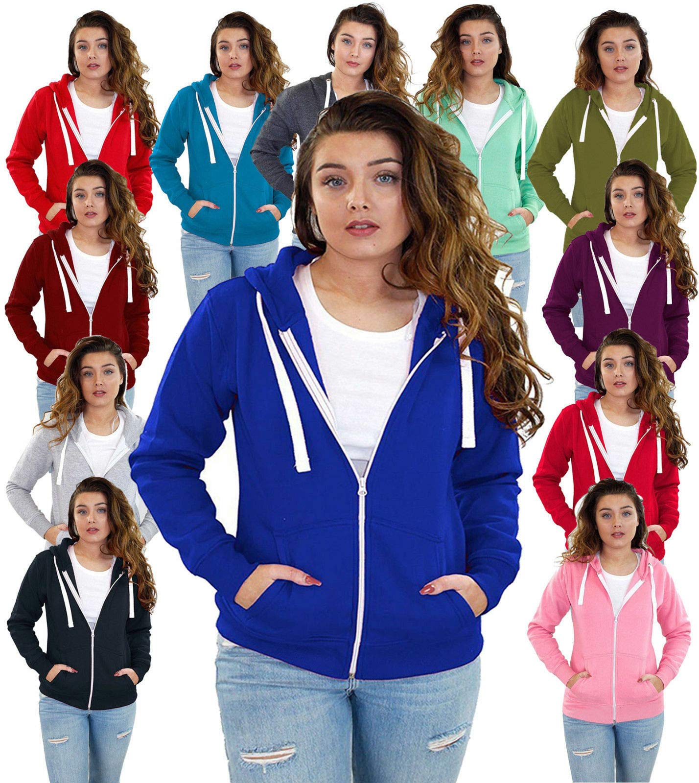 GenericLadies Hoodie Zip Up Plain Womens Sweatshirt Fleece Full Zipper Hooded Long Sleeve Zipped Top