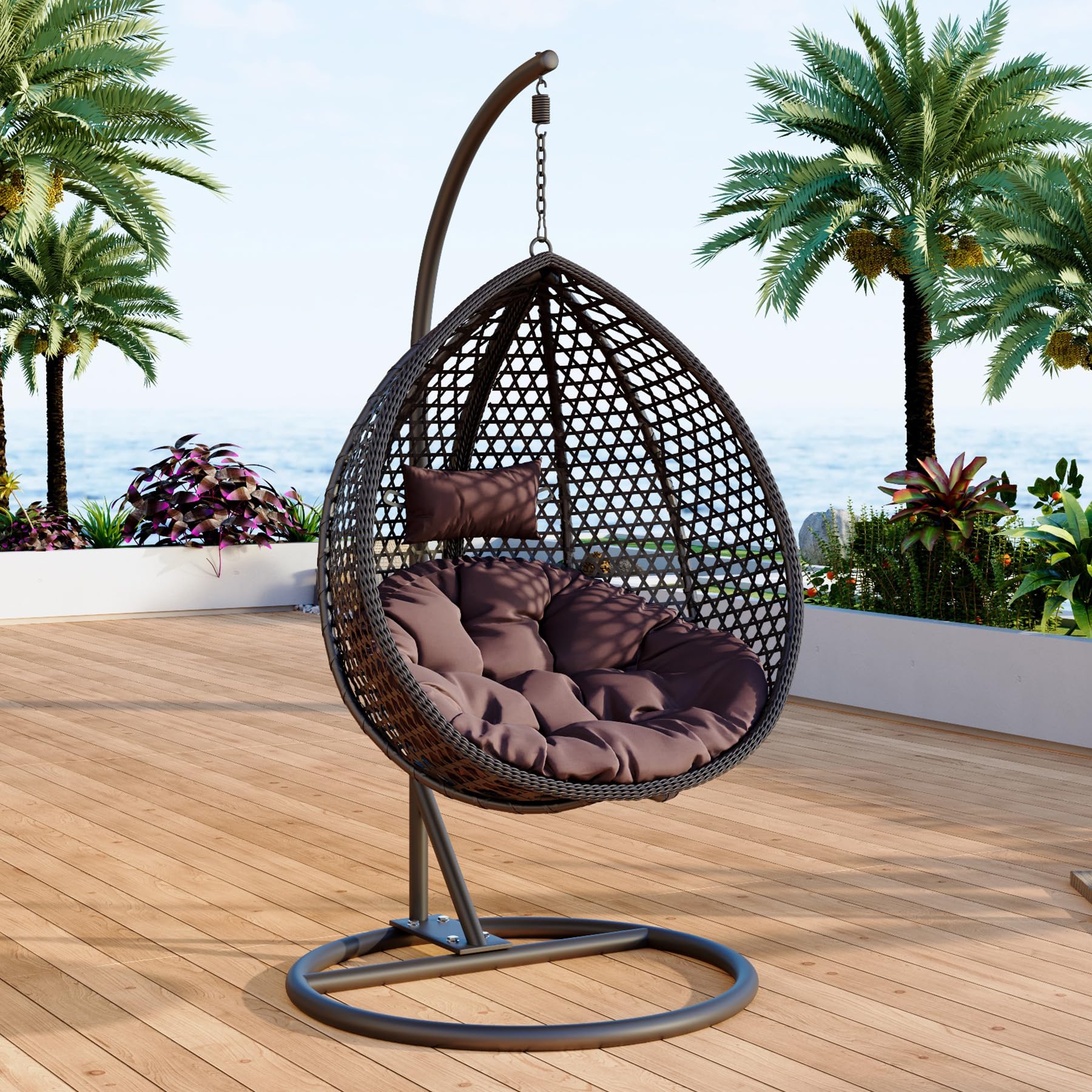 Egg Swing Chair Outdoor with Stand, Indoor Hanging Egg Chair, Rattan Basket Chair with Cushion and Pillow, Foldable Basket and Metal Stand for