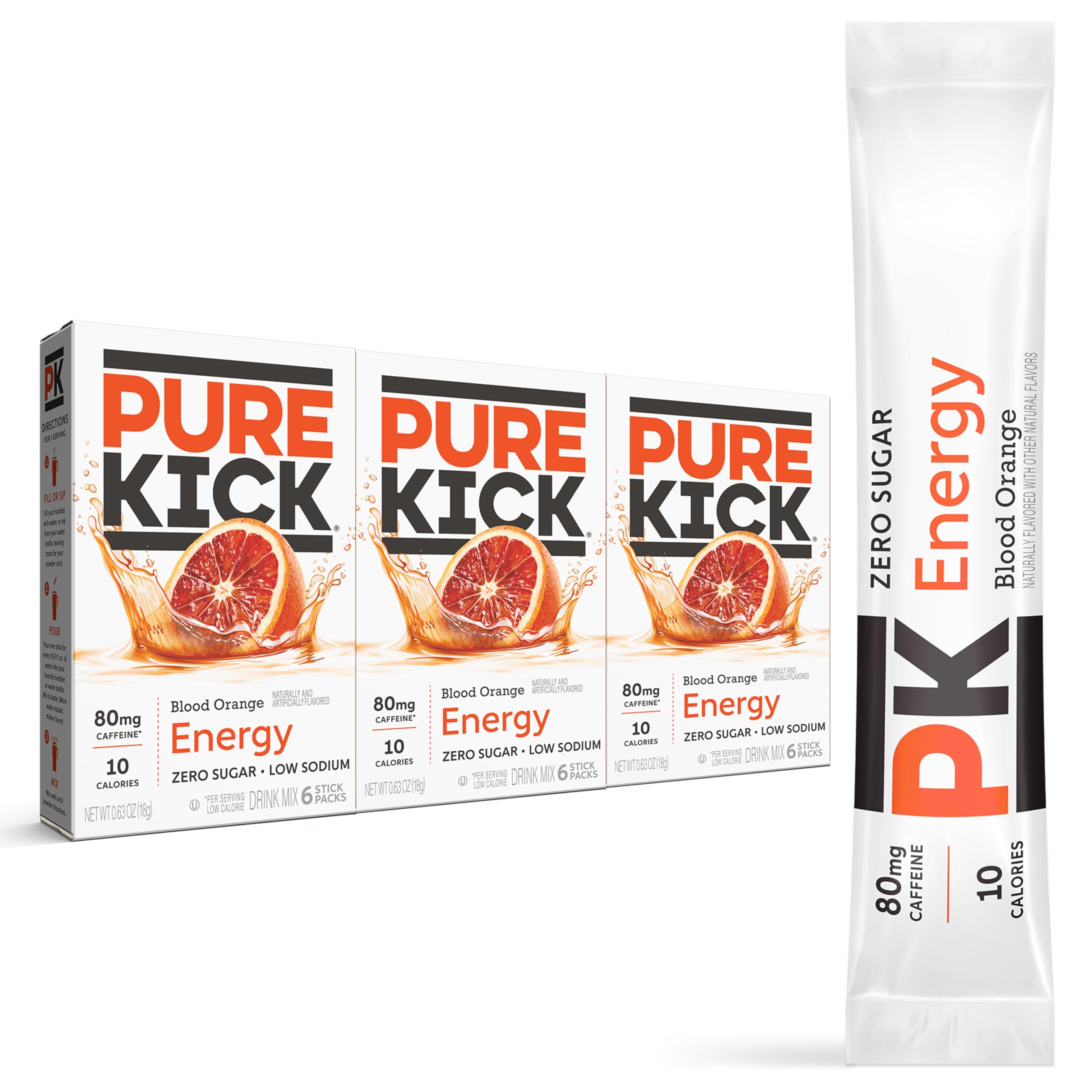 SINGLES TO GO! Pure Kick Energy Drink Mix Blood Orange, 3 Boxes with 6 Packets Each - 18 Total Servings - 0.63 Ounce (Pack of 3)