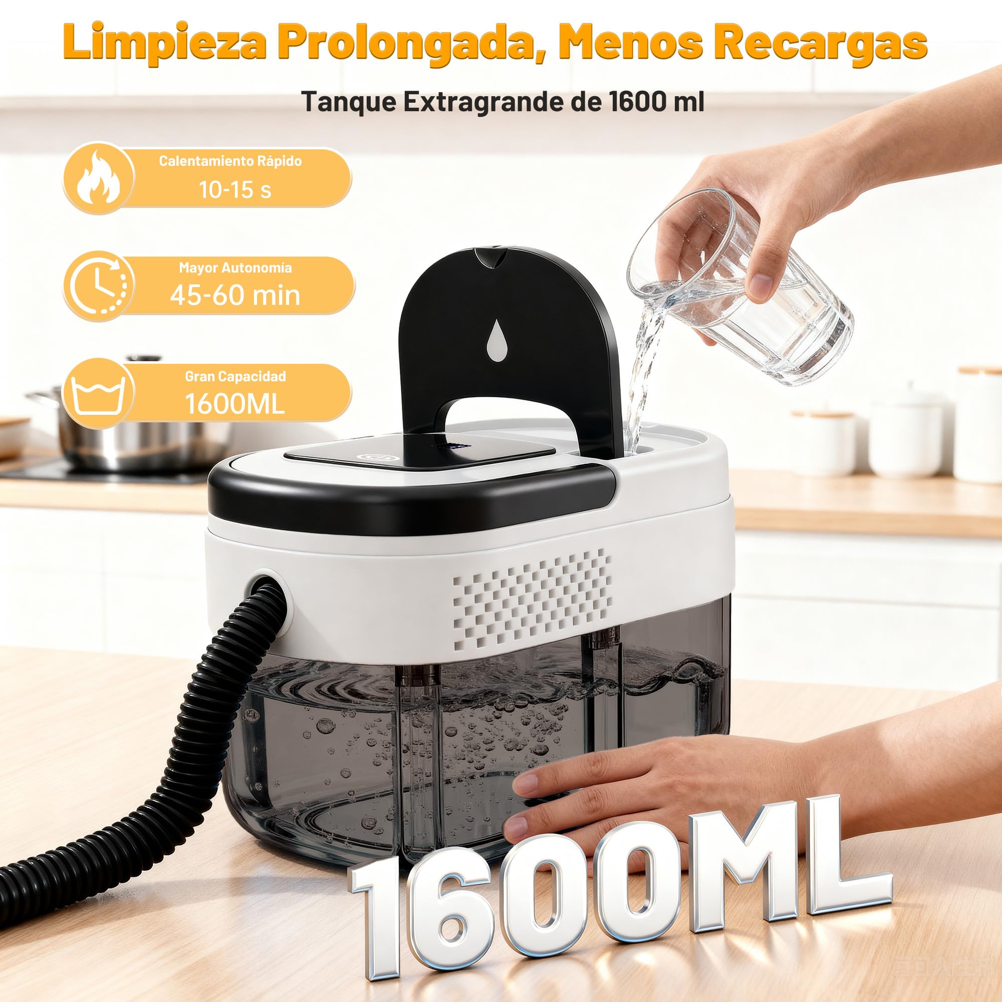 Limpiador de Vapor 2500W, 3 Niveles, 1600ml, 13 Accesorios, sin Químicos | Vaporeta Limpieza Hogar, Calentamiento en 15s, para Suelos, Cocina, Ventanas, Coche y Juntas