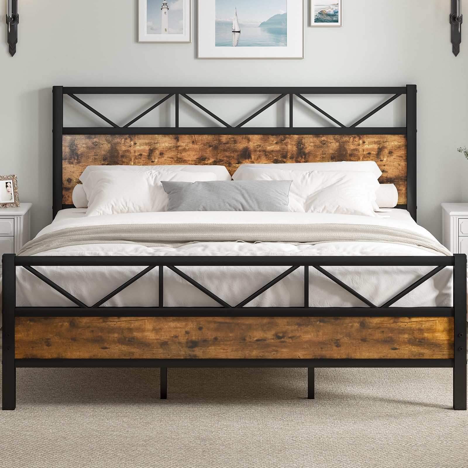 king size bed frame and 51234 tall headboard king platform bed frame with headboard heavy duty metal slats support no box spring needed noise-free easy assembly rustic brown