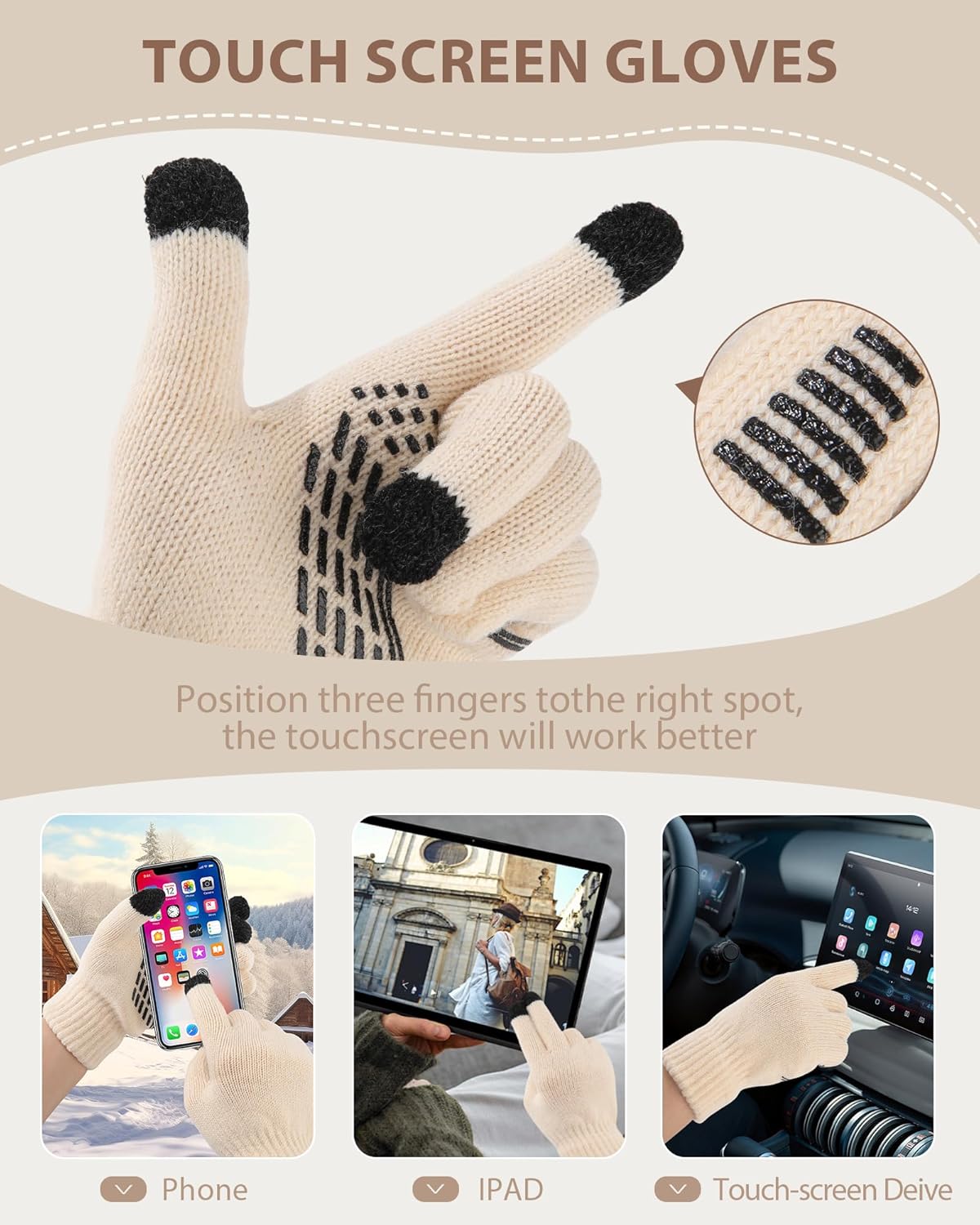 AWAYTR Women Winter Beanie Hat Scarf Gloves Set, 3Pcs Warm Knitted Hat Touchscreen Gloves Long Scarf for Cold Weather - Image 5