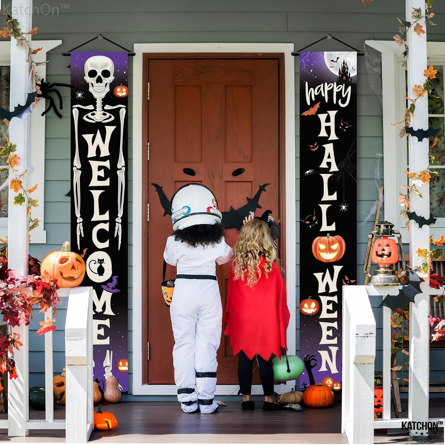 KatchOn Happy Halloween Door Banner - XtraLarge, 72x12 Inch | Purple and Black Banner for Halloween Decorations Outdoor Parties | Trick or Treat Porch Sign | Scary Decorations