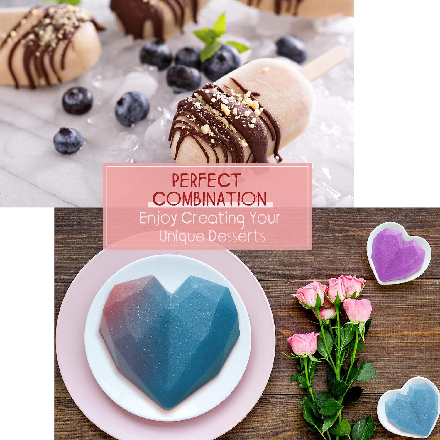 Diamond Heart Silicone Cake Mold Trays 8.7 Inch, 8 Cup Diamond Heart Shaped Cake Mold Tray, 2 Pieces 4 Cavities Ice Lolly Molds with 50 Pieces Wooden Sticks for DIY Valentine's Day Cake