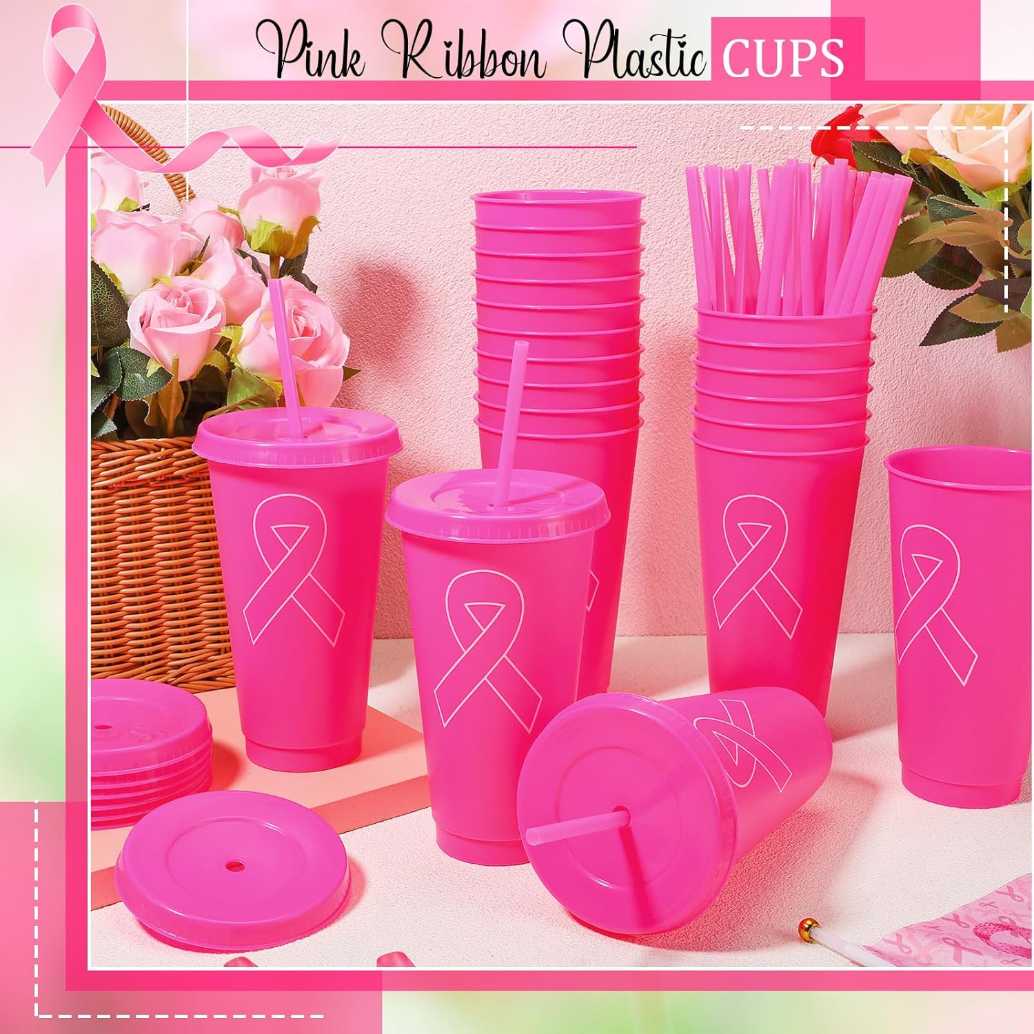 Bokon 24 Breast Cancer Gifts for Women, 24oz Breast Cancer Awareness Tumblers with Straws and Lids Plastic Pink Ribbon Water Bottles Bulk Reusable Pink Cups Coffee Mugs for Women Survivors Gifts