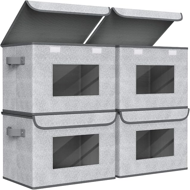 Bacs de rangement Univivi 4 PCS avec couvercles, boîtes de rangement pliables avec fenêtre transparente, bac de rangement en tissu avec couvercle pour rangement dans le placard (17 po - 4 paquets)