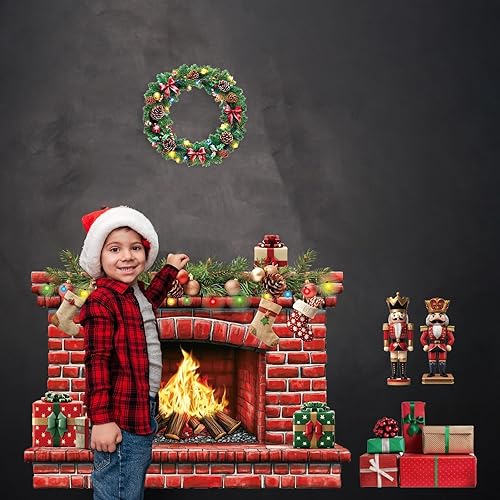 Miniatura 6 de Chimenea de Navidad de 41.5 x 34 pulgadas, tablero de anuncios de ladrillo rojo grande, corona de Navidad, guirnalda de cascanueces, recortes de